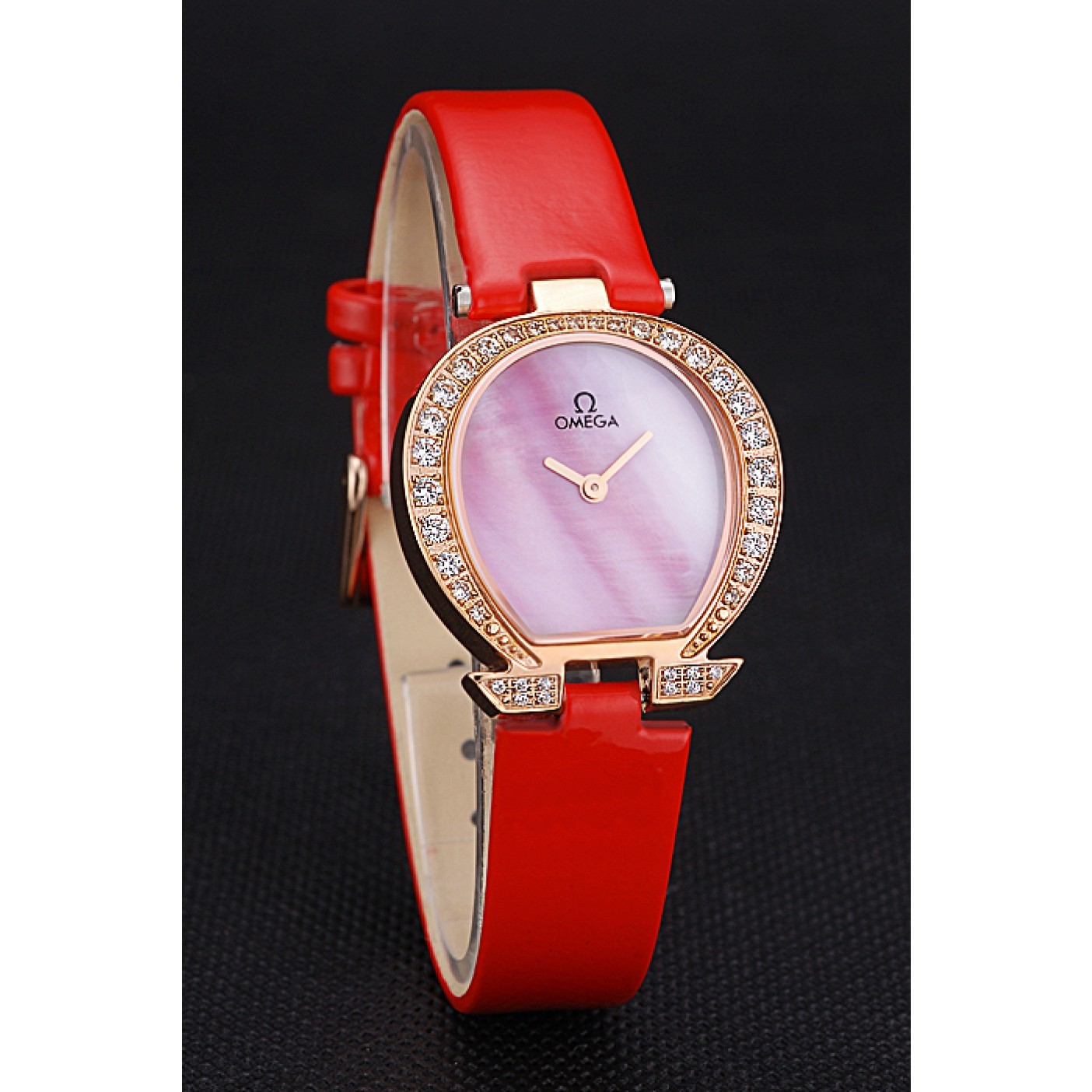 Omega Ladies Watch Pink Dial Gold Case With Diamonds Red Leather Strap 622831