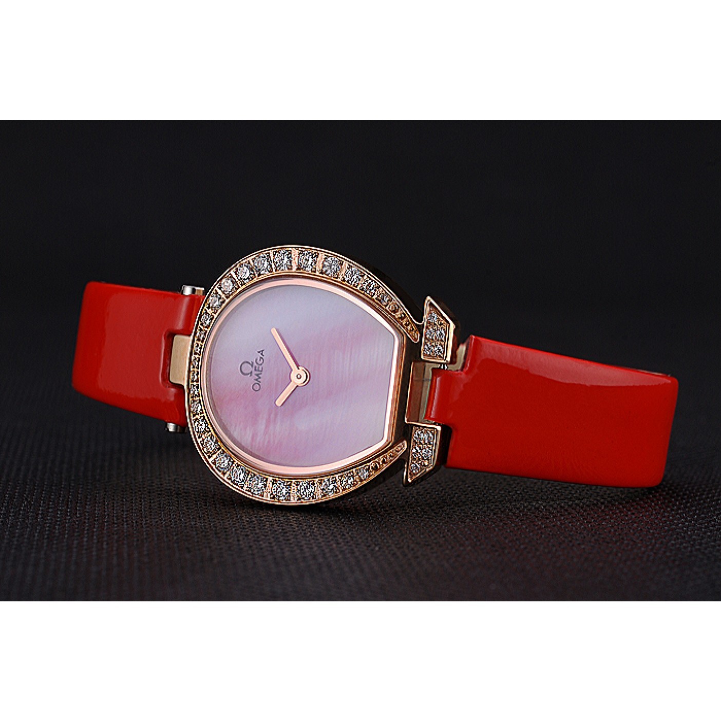 Omega Ladies Watch Pink Dial Gold Case With Diamonds Red Leather Strap 622831