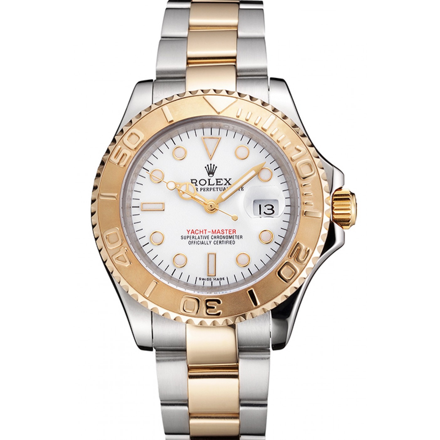 RepTime Watches Swiss Rolex Yacht-Master White Dial Gold Bezel Stainless Steel Case Two Tone Bracelet