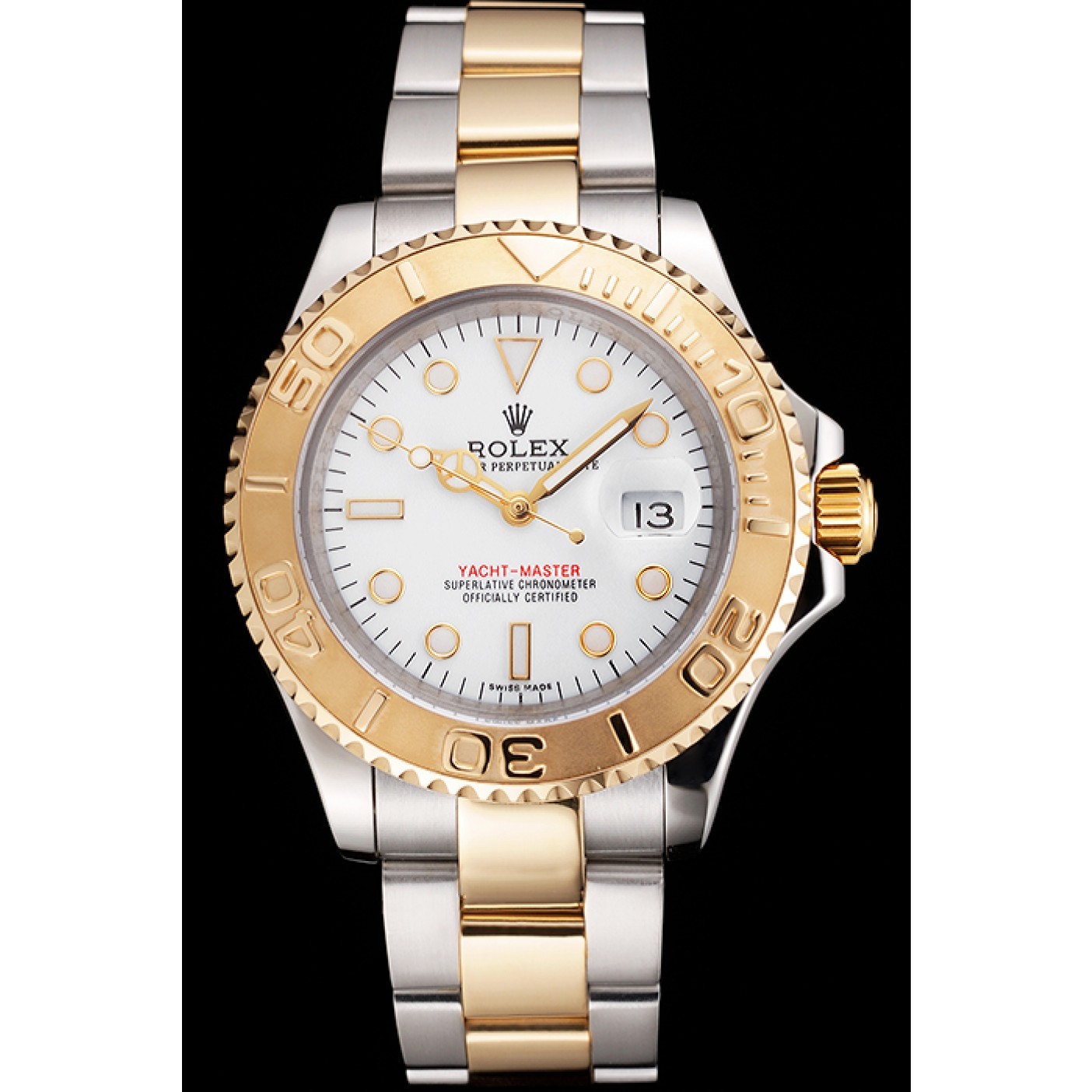 RepTime Watches Swiss Rolex Yacht-Master White Dial Gold Bezel Stainless Steel Case Two Tone Bracelet