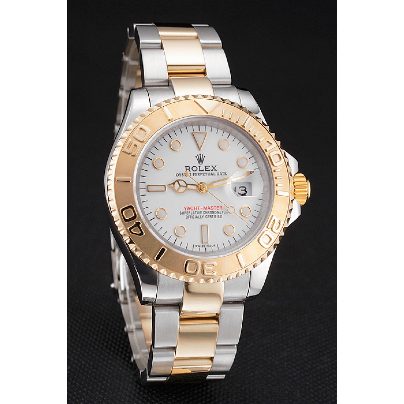 RepTime Watches Swiss Rolex Yacht-Master White Dial Gold Bezel Stainless Steel Case Two Tone Bracelet