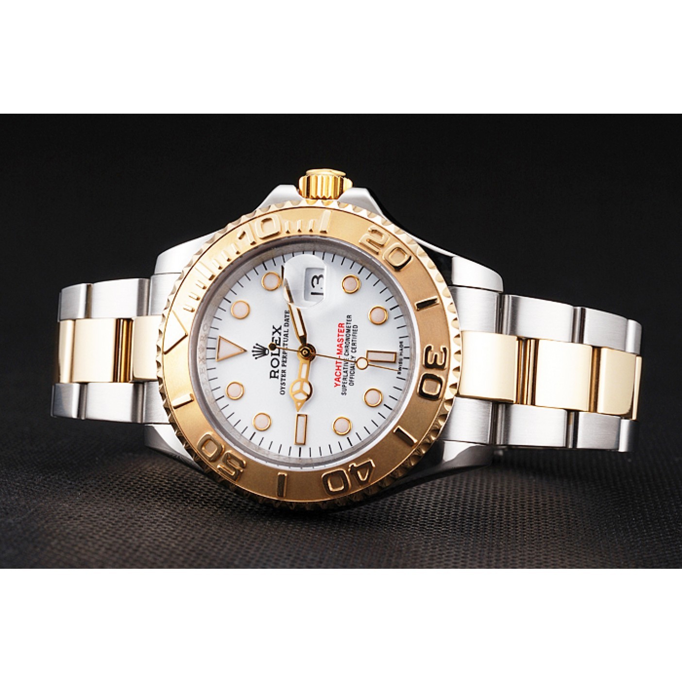 RepTime Watches Swiss Rolex Yacht-Master White Dial Gold Bezel Stainless Steel Case Two Tone Bracelet