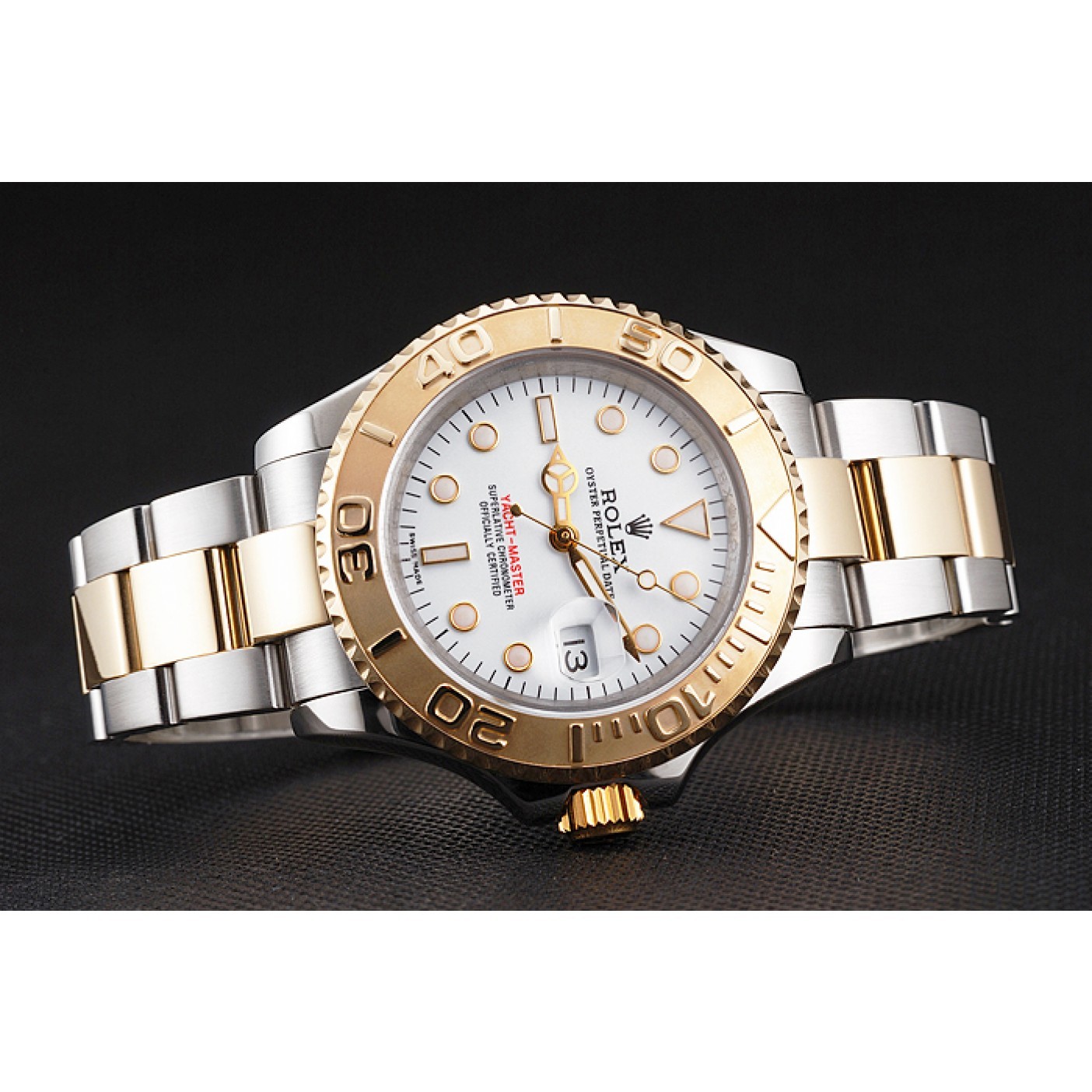 RepTime Watches Swiss Rolex Yacht-Master White Dial Gold Bezel Stainless Steel Case Two Tone Bracelet