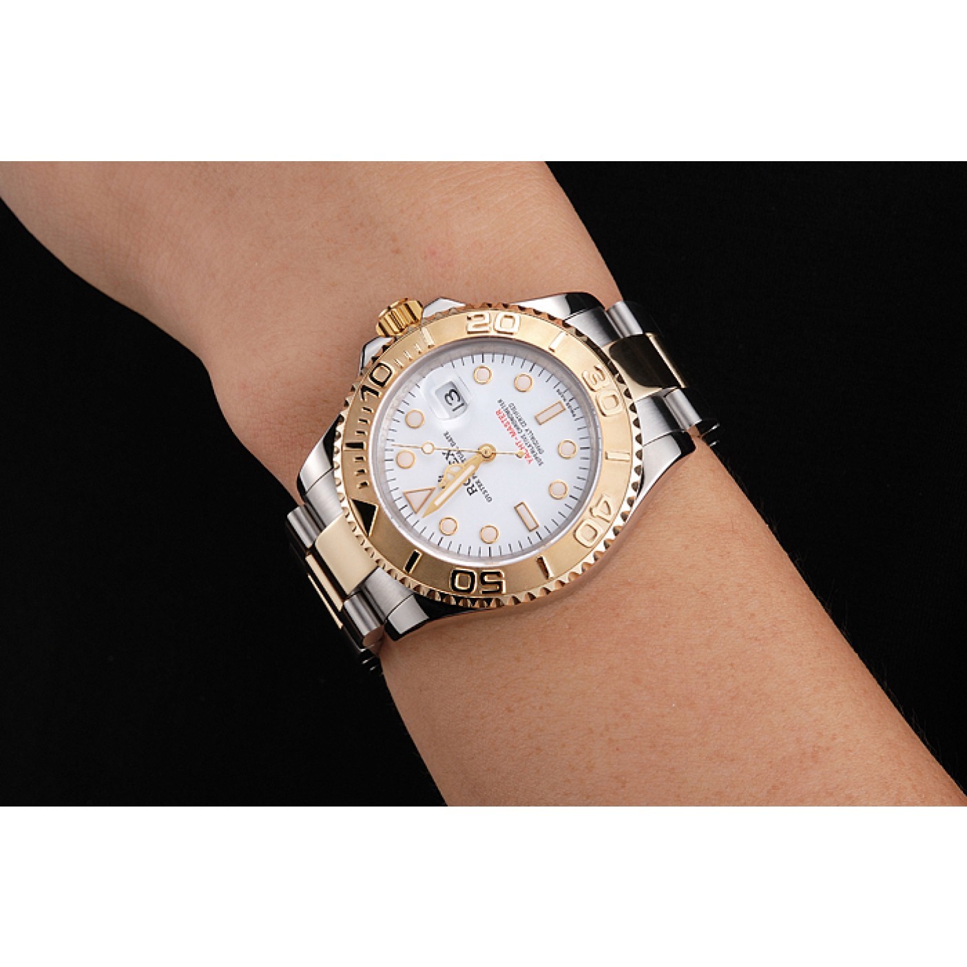 RepTime Watches Swiss Rolex Yacht-Master White Dial Gold Bezel Stainless Steel Case Two Tone Bracelet