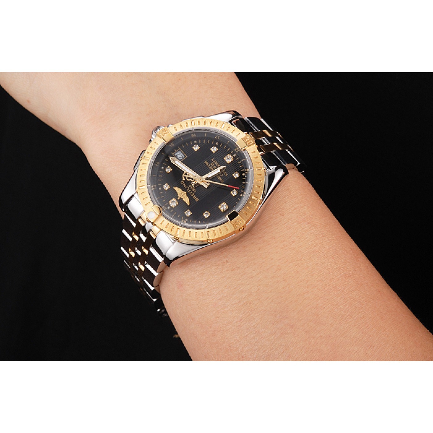 Breitling Colt Lady Black Dial Diamond Hour Marks Gold Bezel Stainless Steel Case Two Tone Bracelet