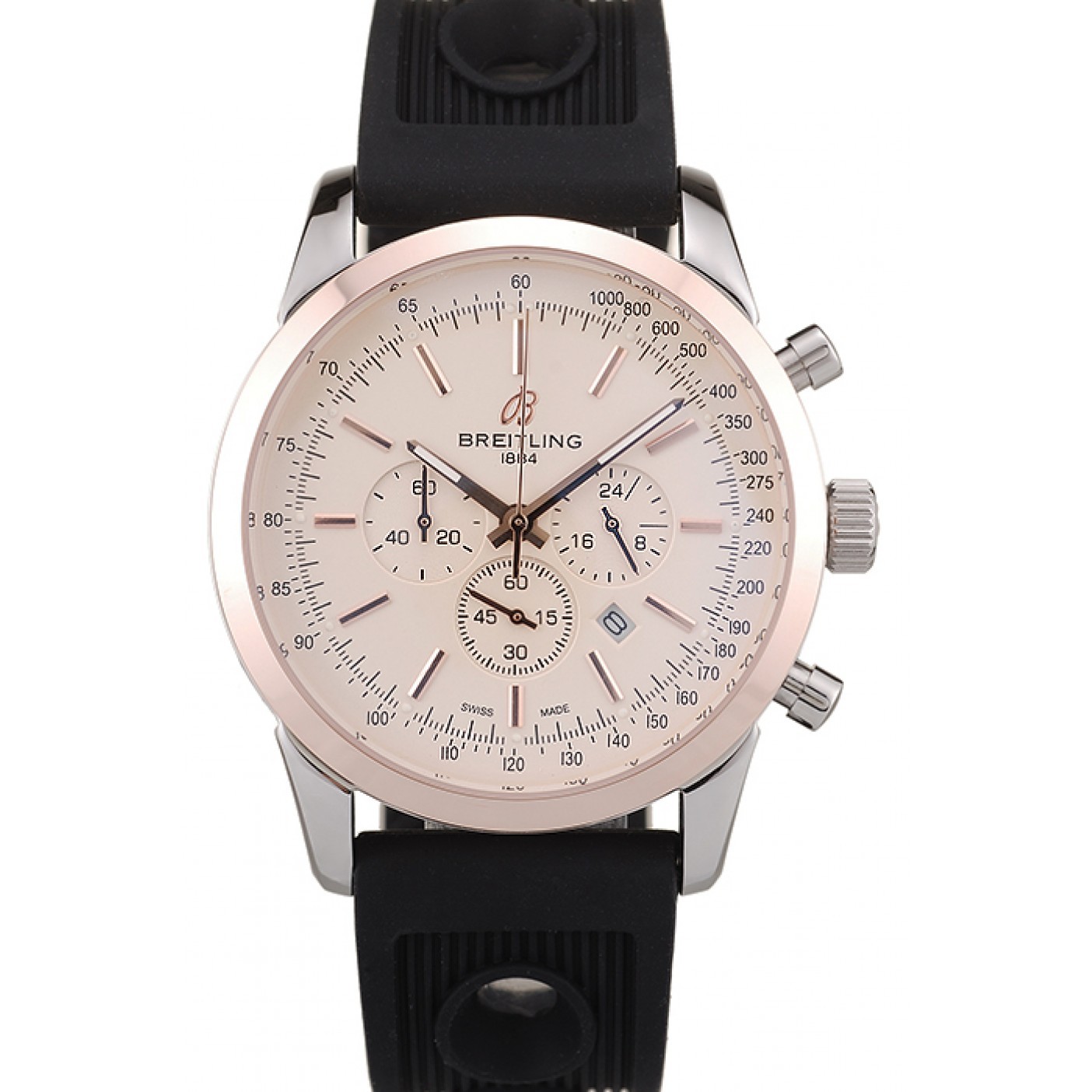 Breitling Transocean White Dial Black Rubber Strap Rose Gold Bezel