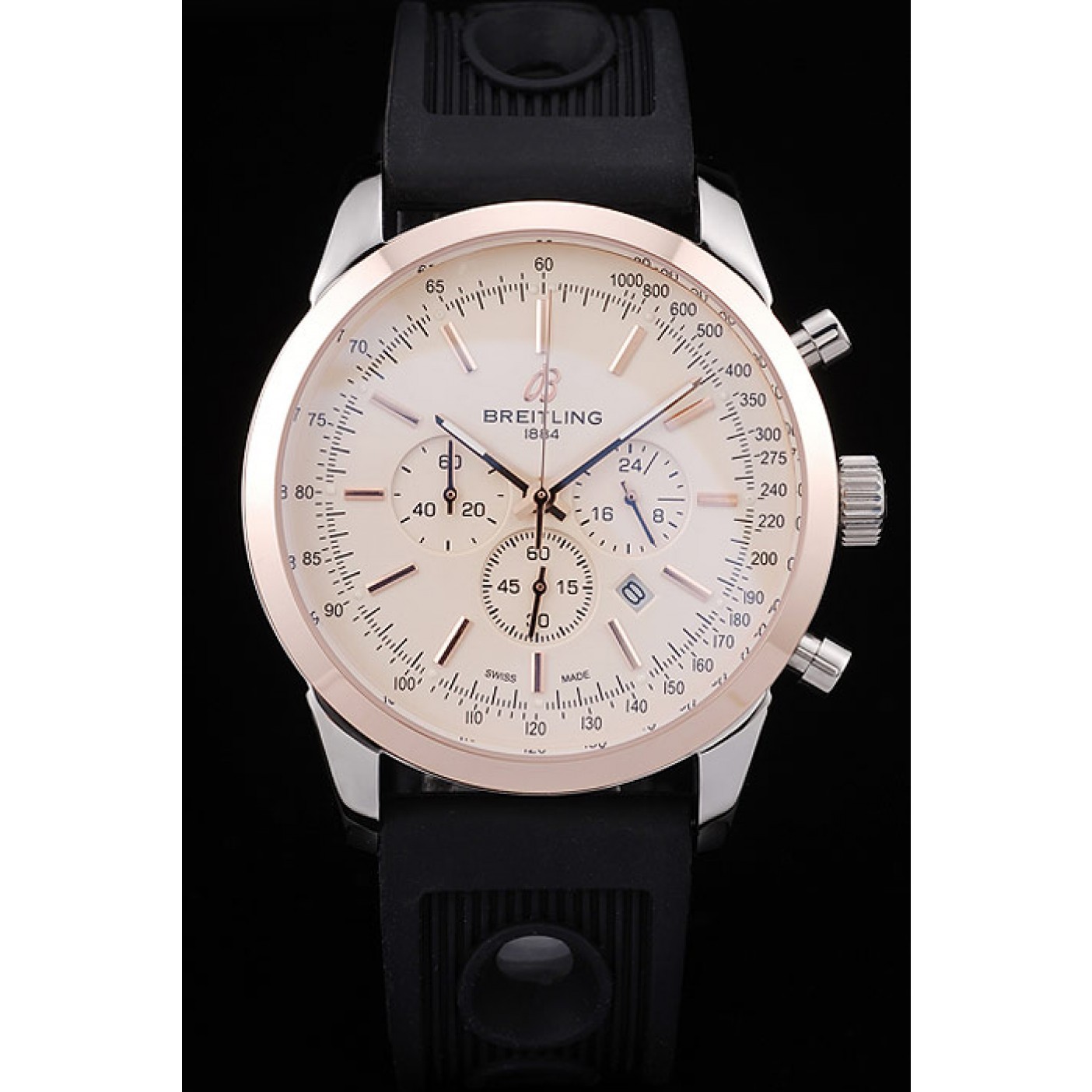 Breitling Transocean White Dial Black Rubber Strap Rose Gold Bezel