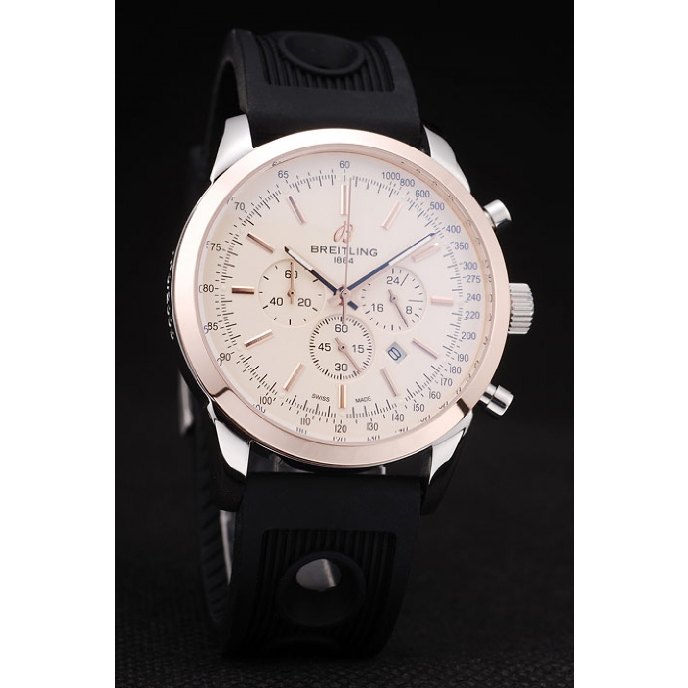 Breitling Transocean White Dial Black Rubber Strap Rose Gold Bezel