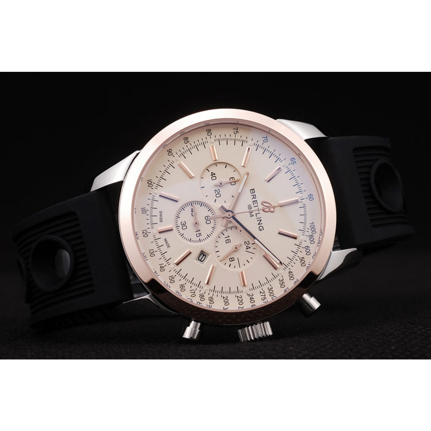 Breitling Transocean White Dial Black Rubber Strap Rose Gold Bezel