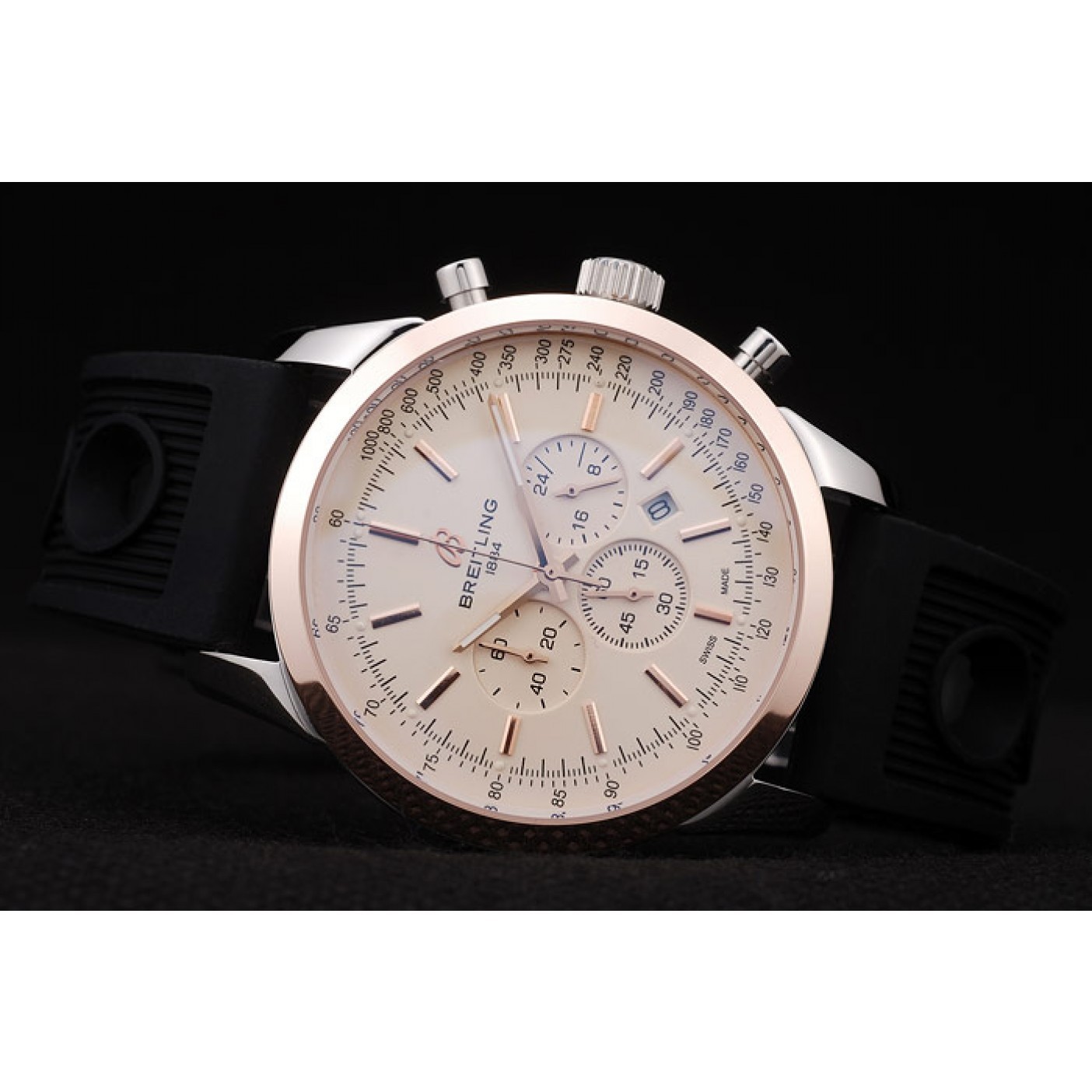 Breitling Transocean White Dial Black Rubber Strap Rose Gold Bezel