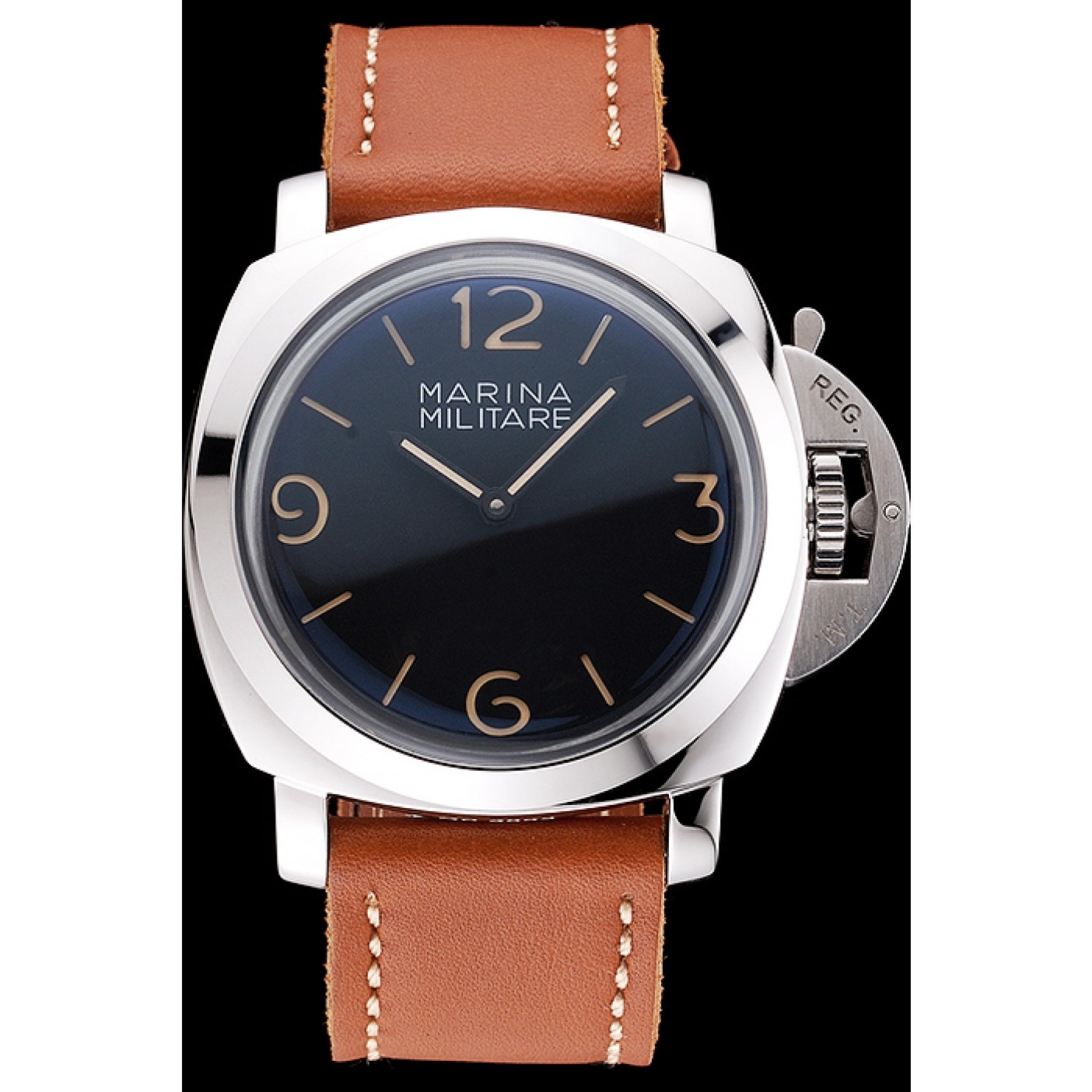 Panerai Radiomir Brushed Stainless Steel Case Black Dial Brown Leather Strap