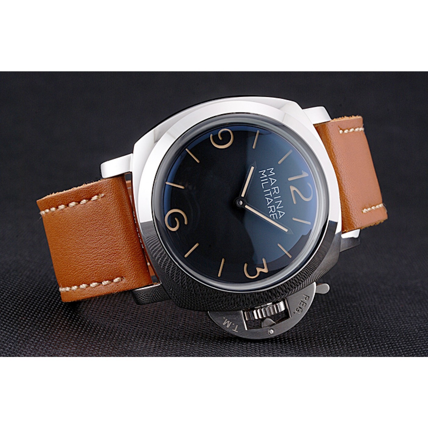 Panerai Radiomir Brushed Stainless Steel Case Black Dial Brown Leather Strap