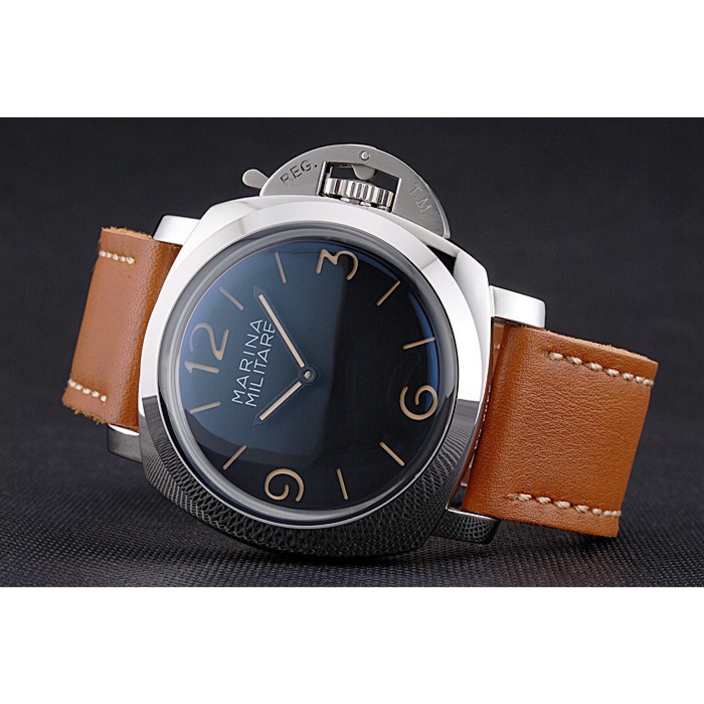 Panerai Radiomir Brushed Stainless Steel Case Black Dial Brown Leather Strap