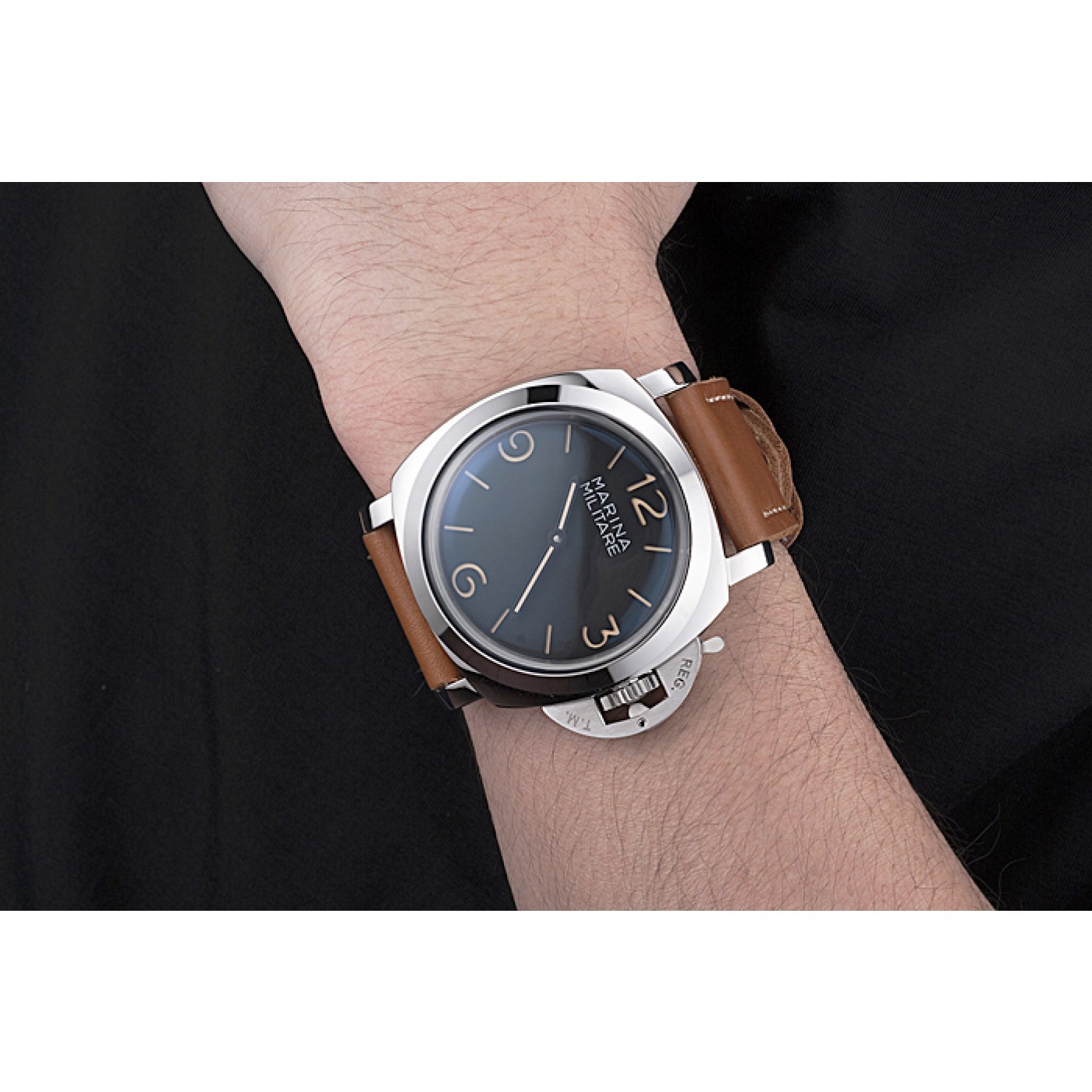 Panerai Radiomir Brushed Stainless Steel Case Black Dial Brown Leather Strap