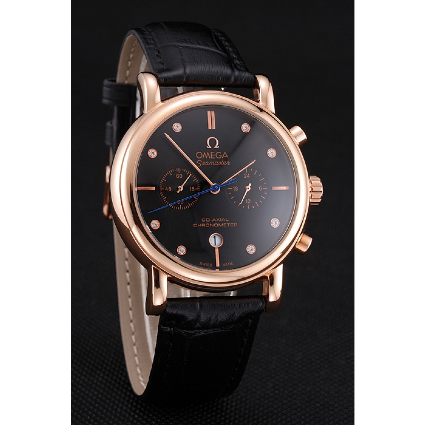 Omega Seamaster Vintage Chronograph Black Dial Diamond Hour Marks Rose Gold Case Black Leather Strap