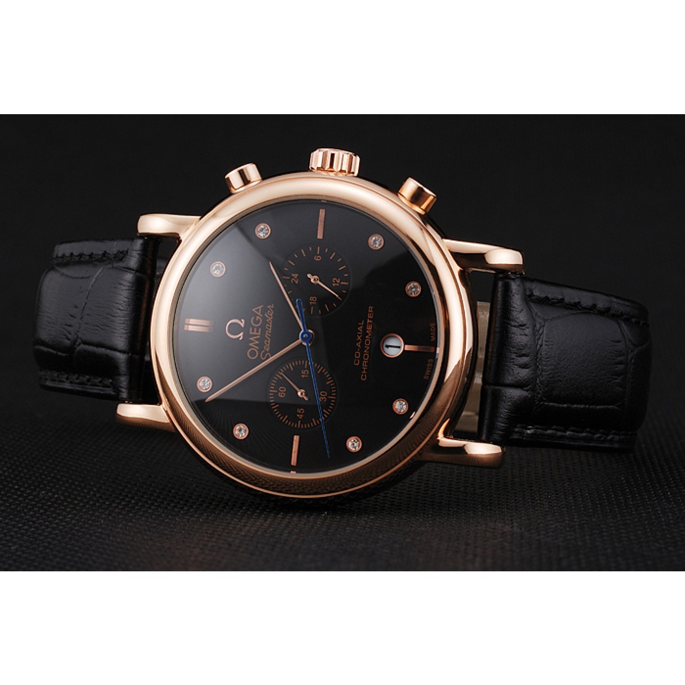 Omega Seamaster Vintage Chronograph Black Dial Diamond Hour Marks Rose Gold Case Black Leather Strap