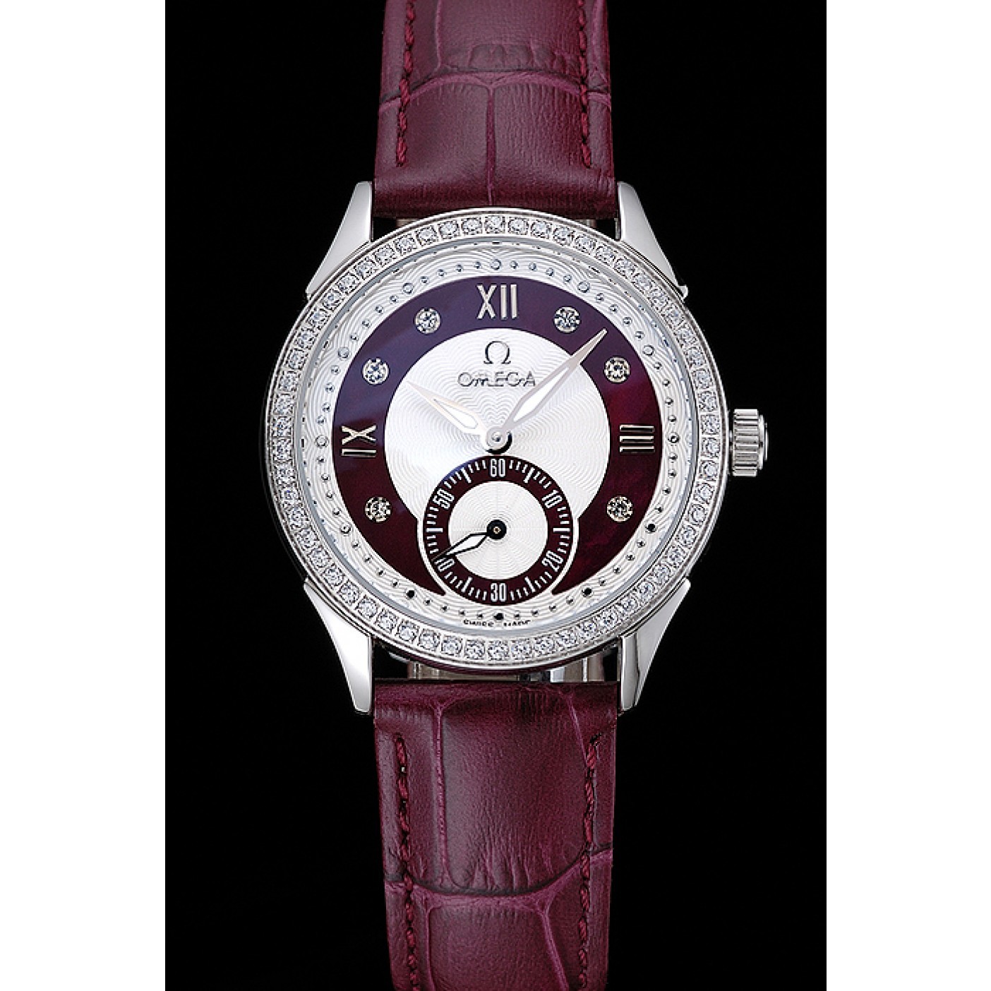 Omega DeVille Prestige Dark Red Dial Silver Diamond Case Dark Red Leather Bracelet 1454121