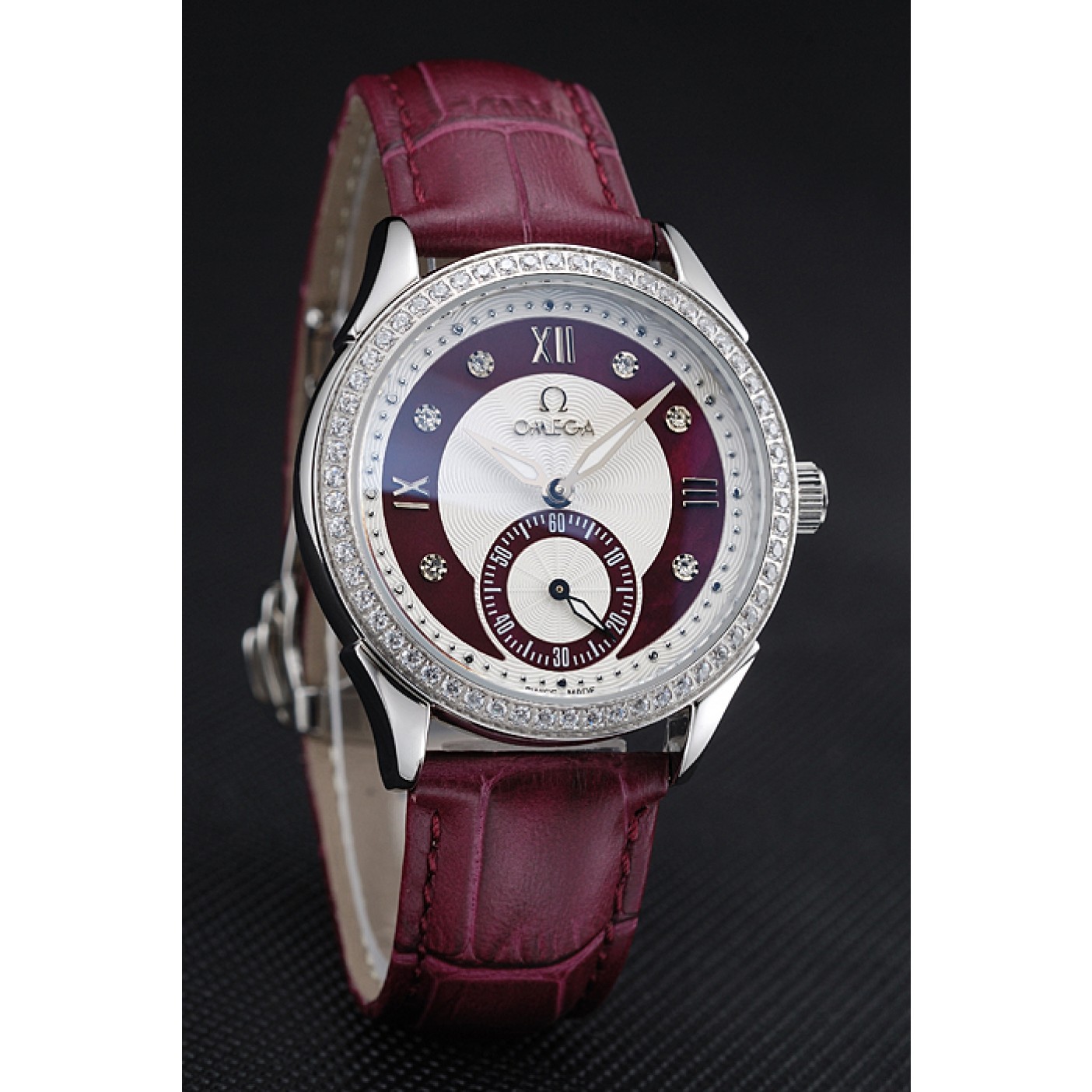 Omega DeVille Prestige Dark Red Dial Silver Diamond Case Dark Red Leather Bracelet 1454121