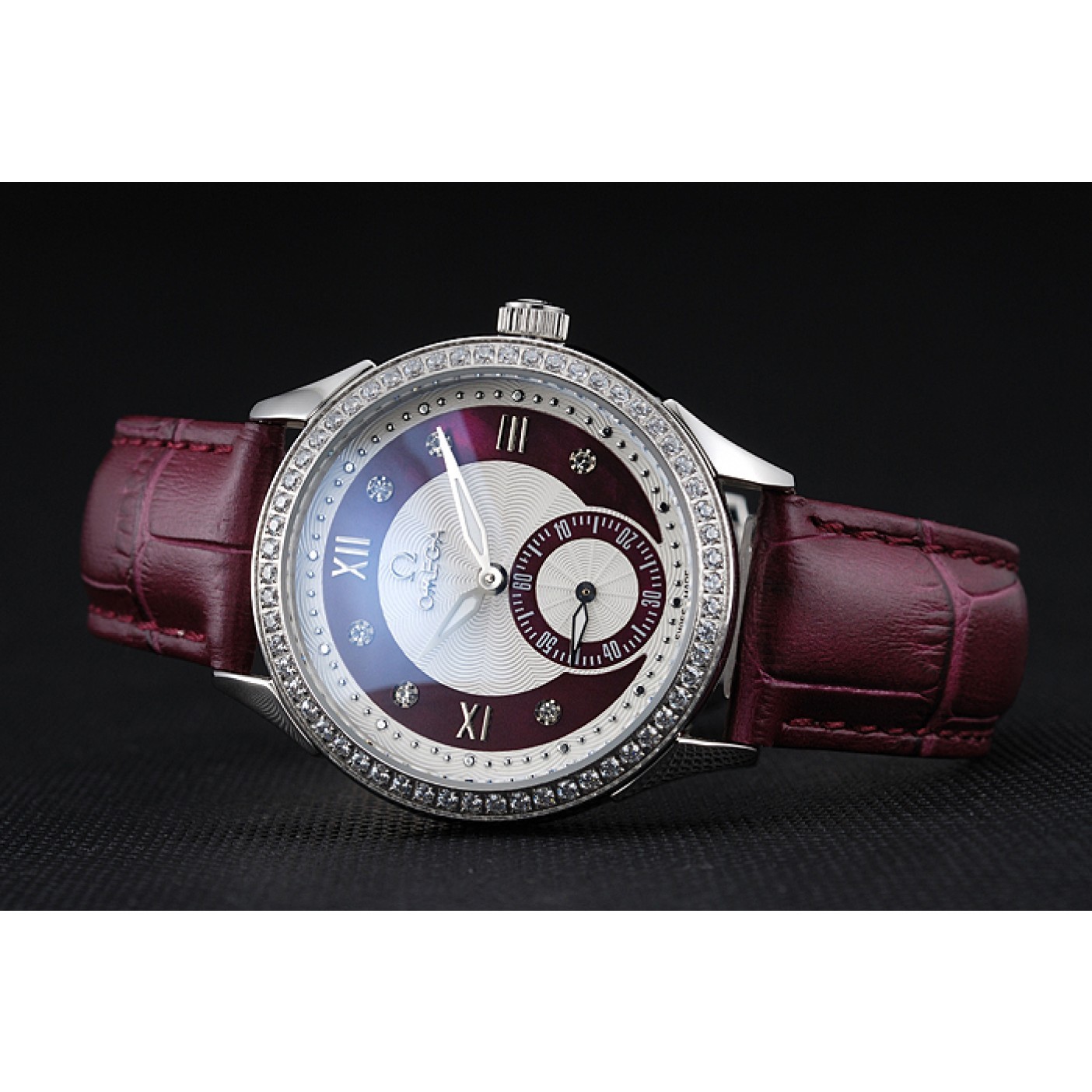 Omega DeVille Prestige Dark Red Dial Silver Diamond Case Dark Red Leather Bracelet 1454121