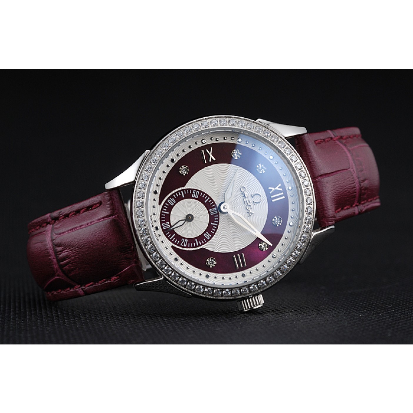 Omega DeVille Prestige Dark Red Dial Silver Diamond Case Dark Red Leather Bracelet 1454121