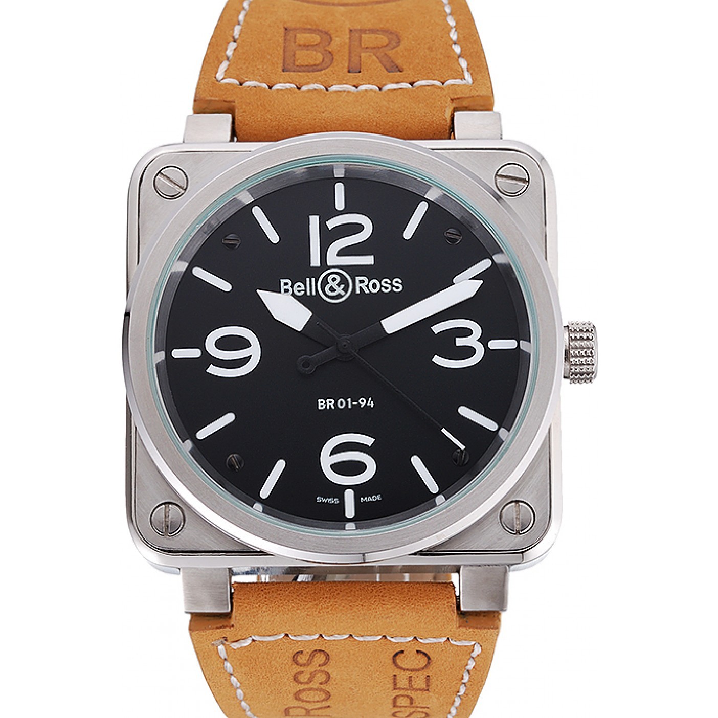 Bell and Ross BR 01-94 Black Dial Silver Case Brown Leather Strap