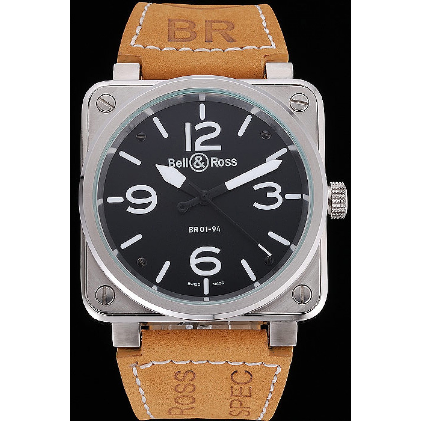 Bell and Ross BR 01-94 Black Dial Silver Case Brown Leather Strap