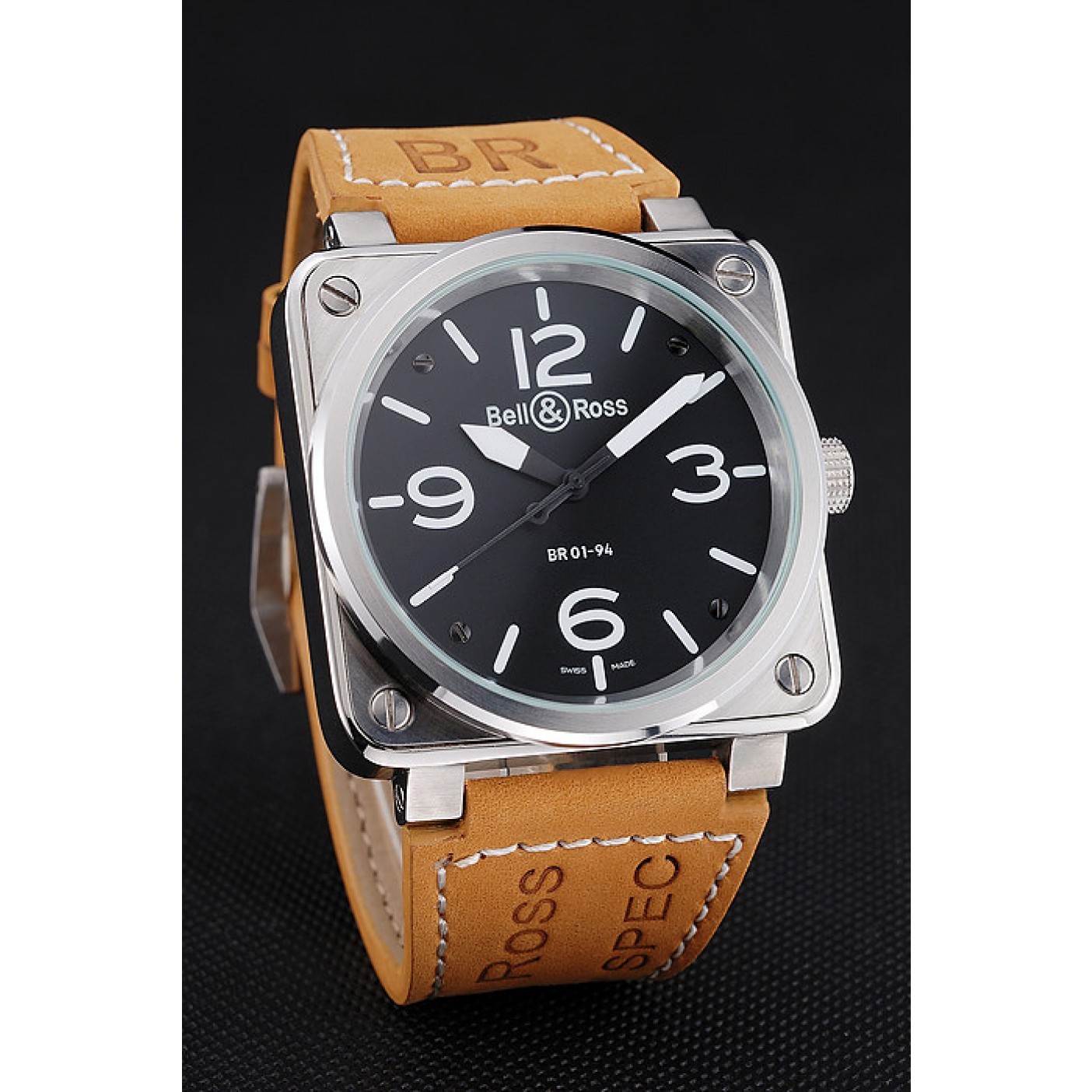 Bell and Ross BR 01-94 Black Dial Silver Case Brown Leather Strap