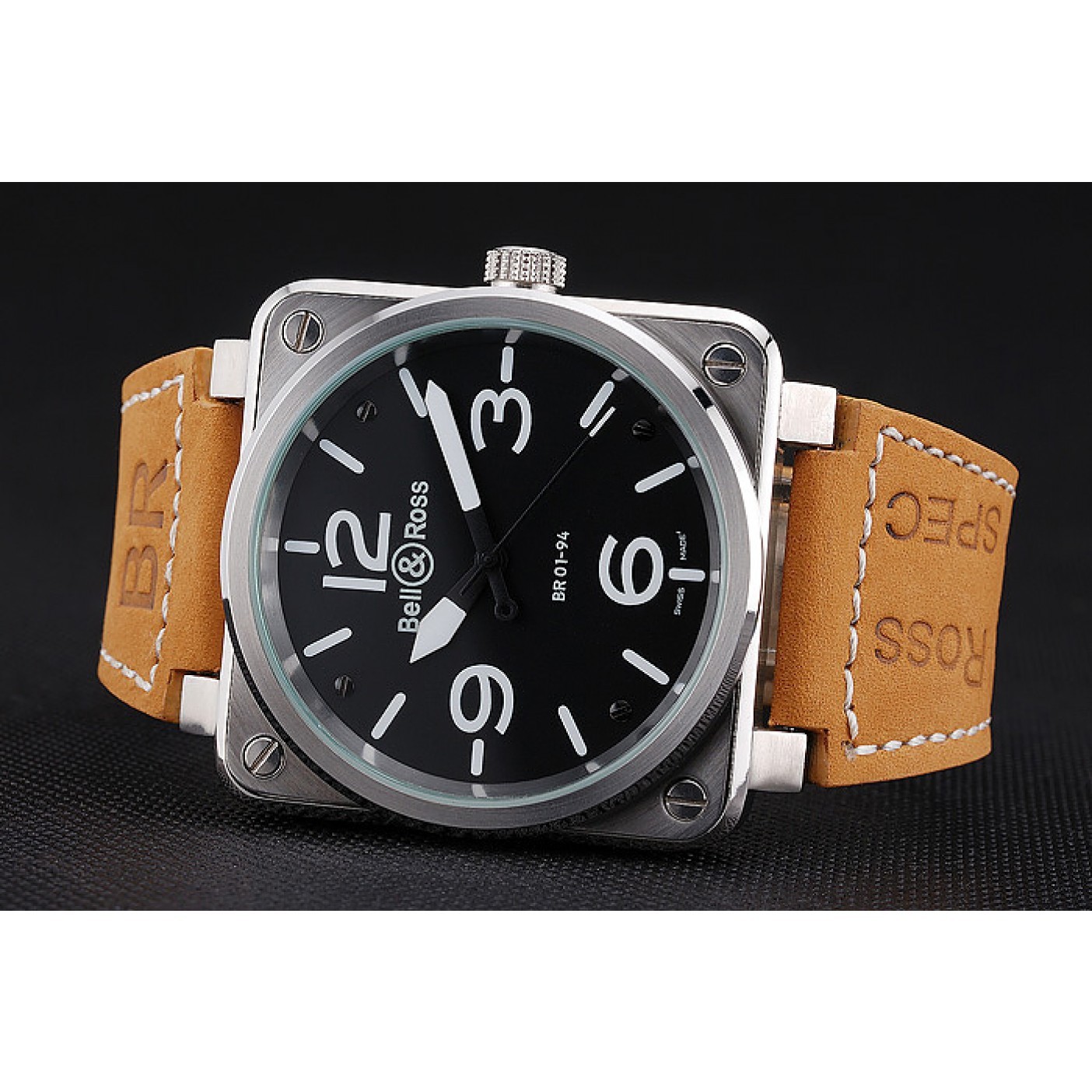 Bell and Ross BR 01-94 Black Dial Silver Case Brown Leather Strap