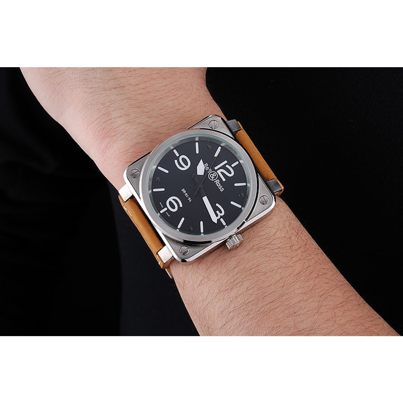 Bell and Ross BR 01-94 Black Dial Silver Case Brown Leather Strap