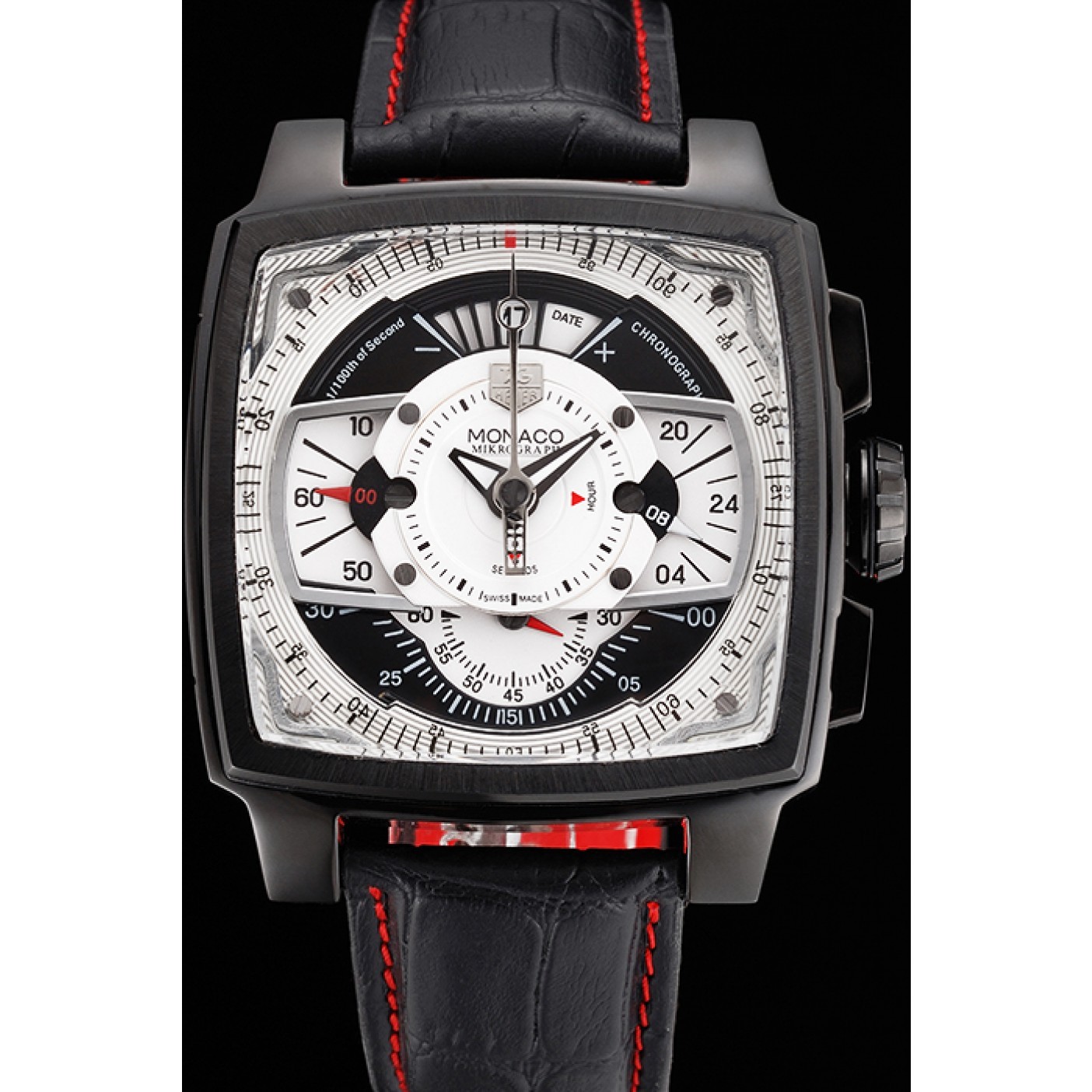 Tag Heuer Monaco Black-Red Perforated Leather Strap White Dial 80307