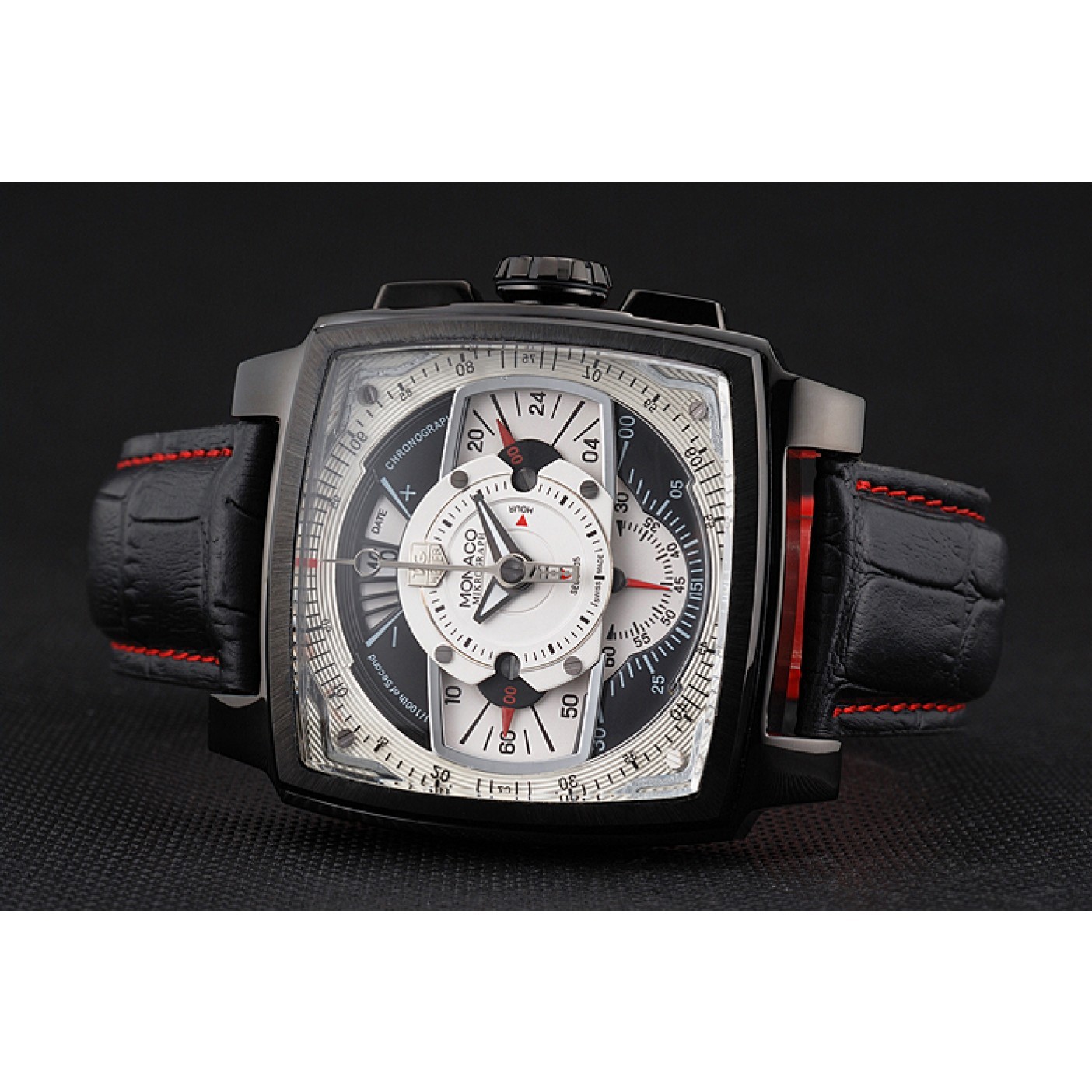 Tag Heuer Monaco Black-Red Perforated Leather Strap White Dial 80307