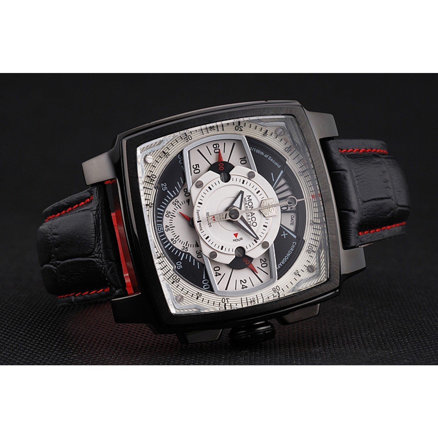 Tag Heuer Monaco Black-Red Perforated Leather Strap White Dial 80307