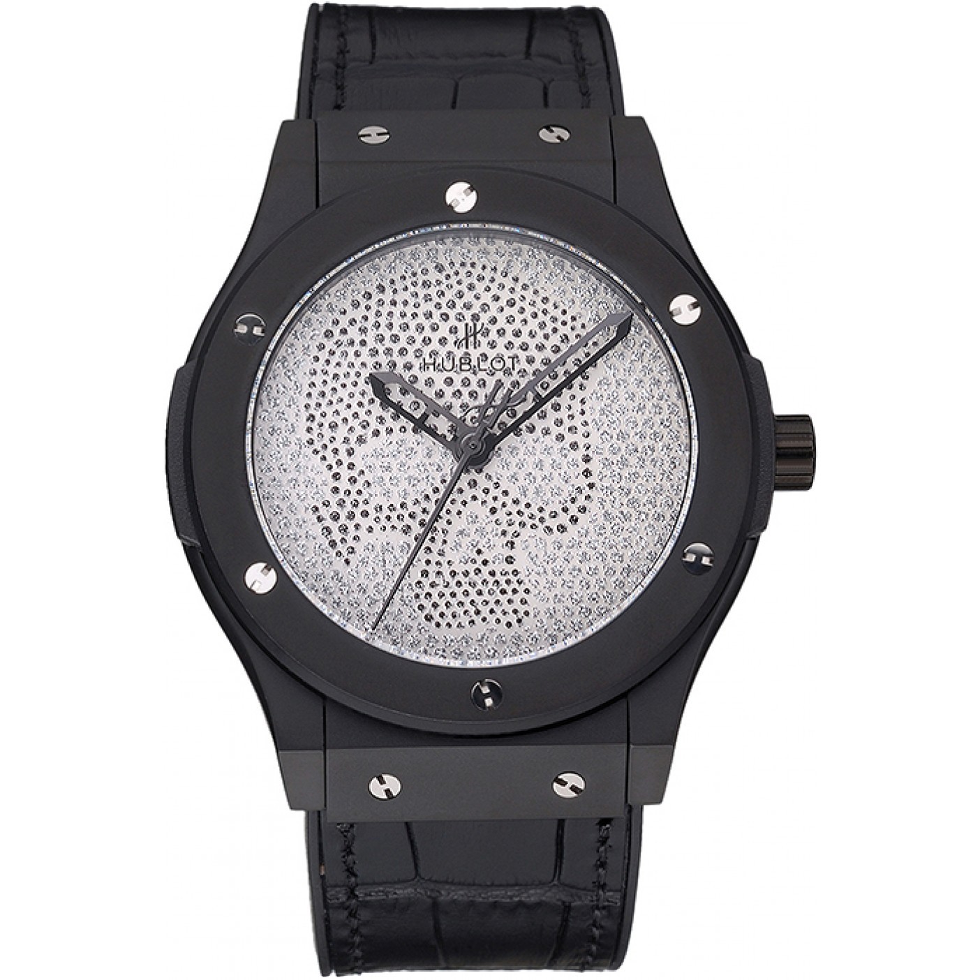 Hublot Classic Fusion Diamond Skull Dial Black Steel Case Black Leather Strap 622815