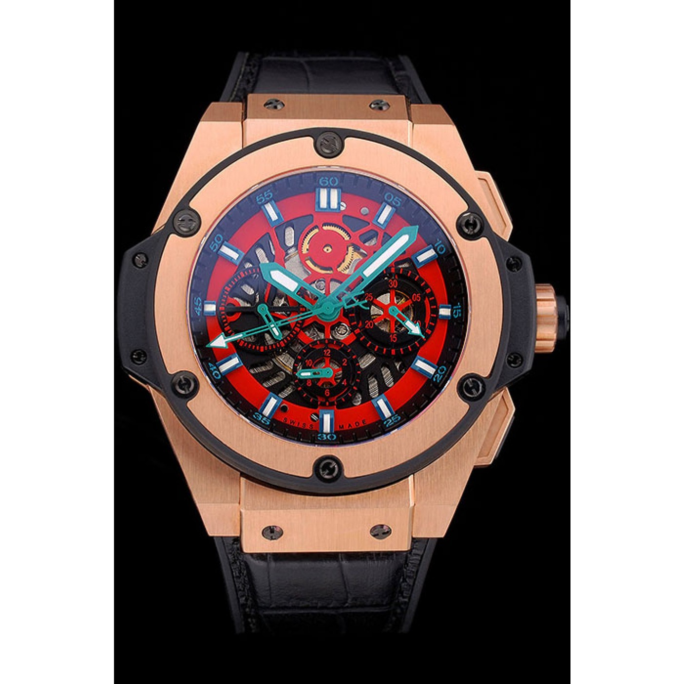 Swiss Hublot Big Bang Limited Edition Black And Red Dial Gold Case Black Leather Strap 62289