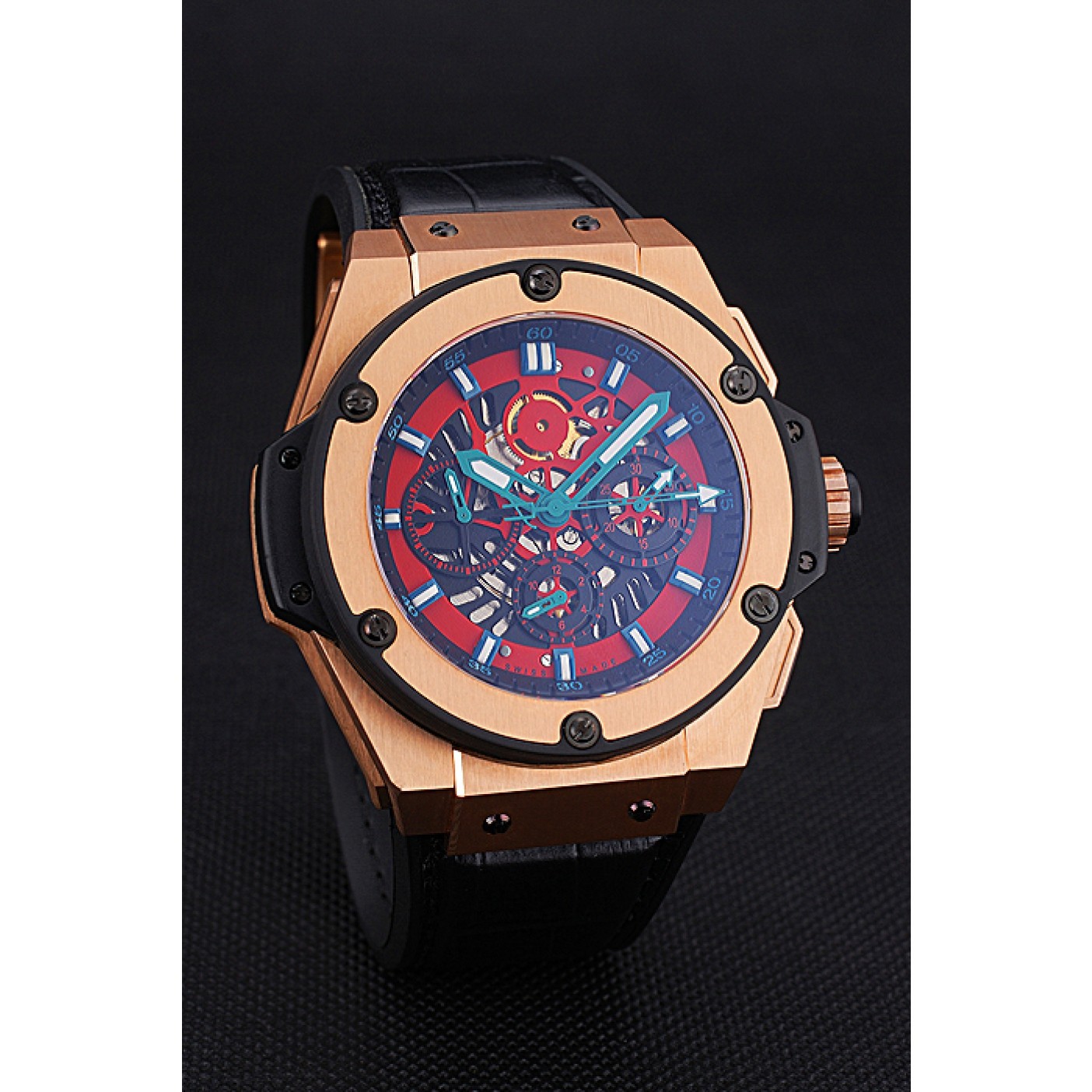 Swiss Hublot Big Bang Limited Edition Black And Red Dial Gold Case Black Leather Strap 62289