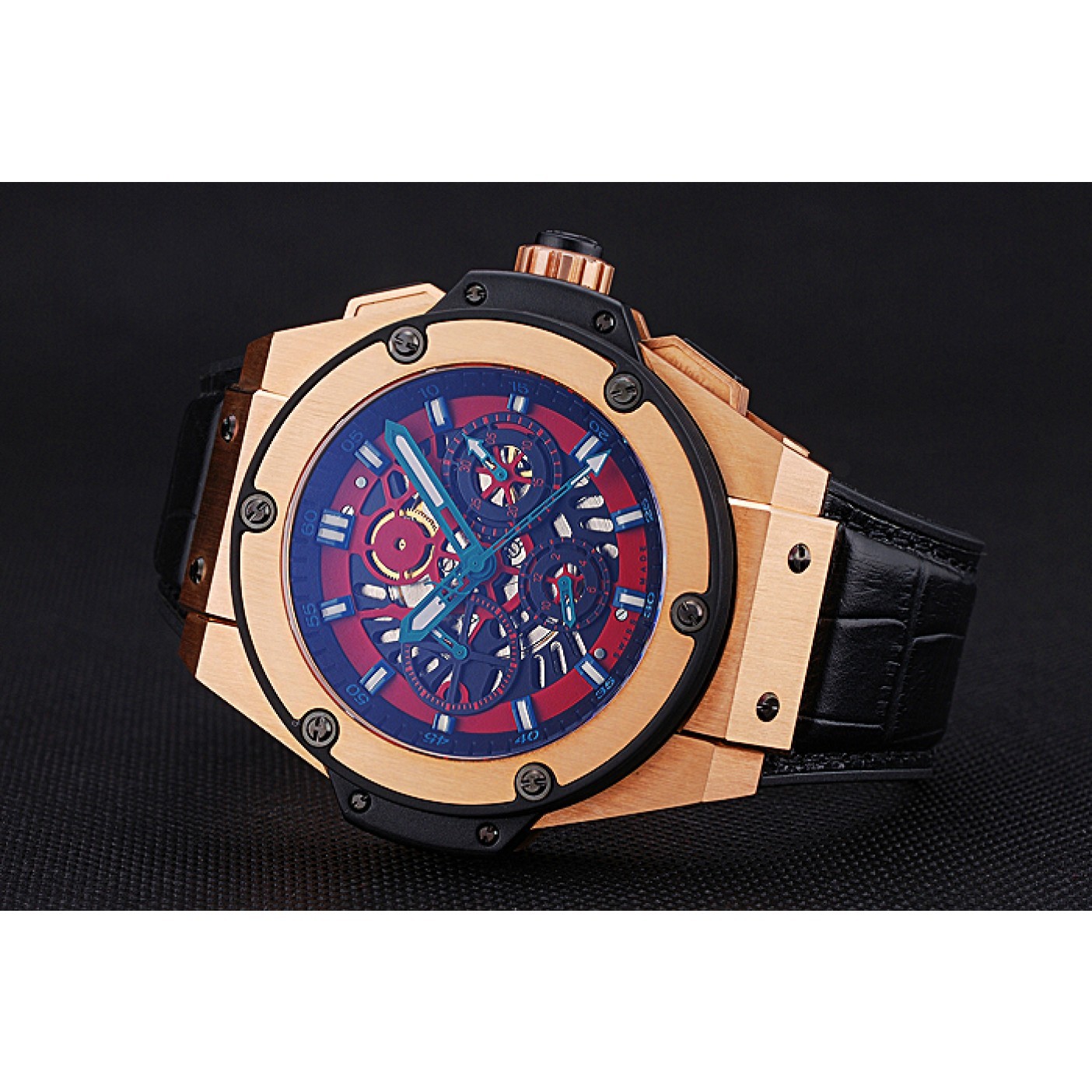 Swiss Hublot Big Bang Limited Edition Black And Red Dial Gold Case Black Leather Strap 62289