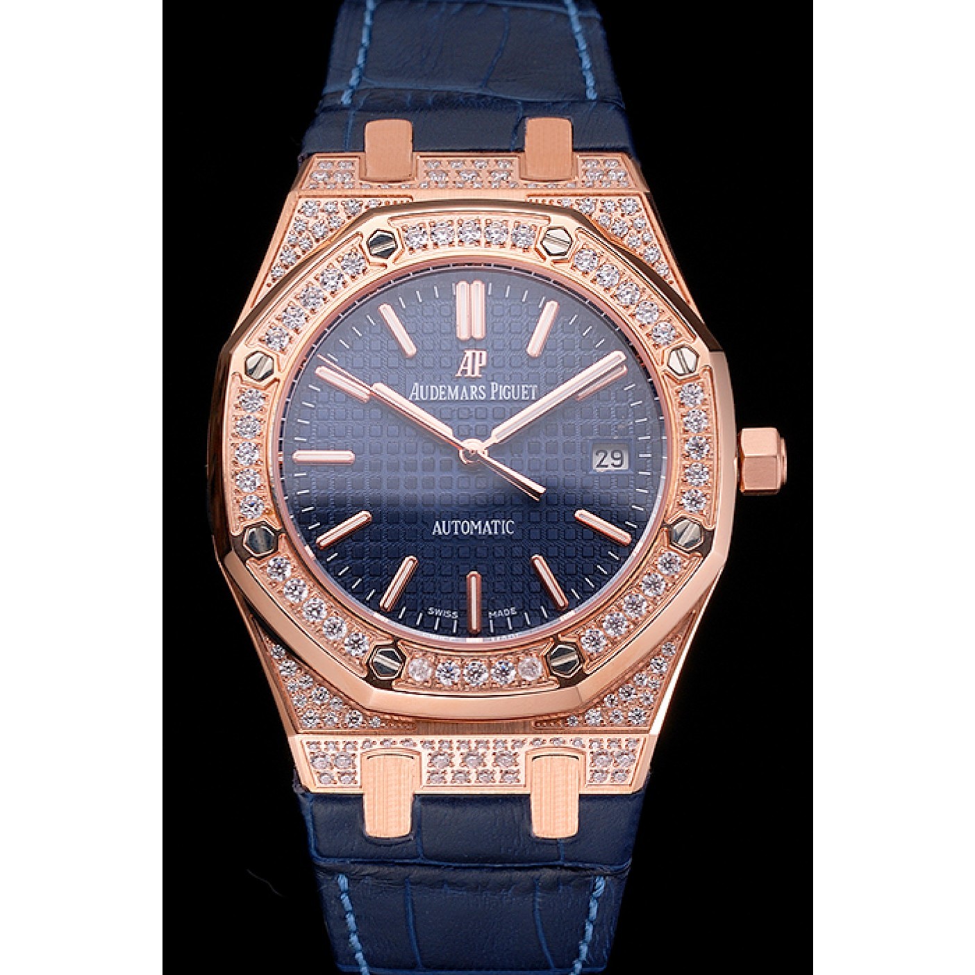 Swiss Audemars Piguet Royal Oak Blue Dial Gold Case With Diamonds Blue Leather Strap