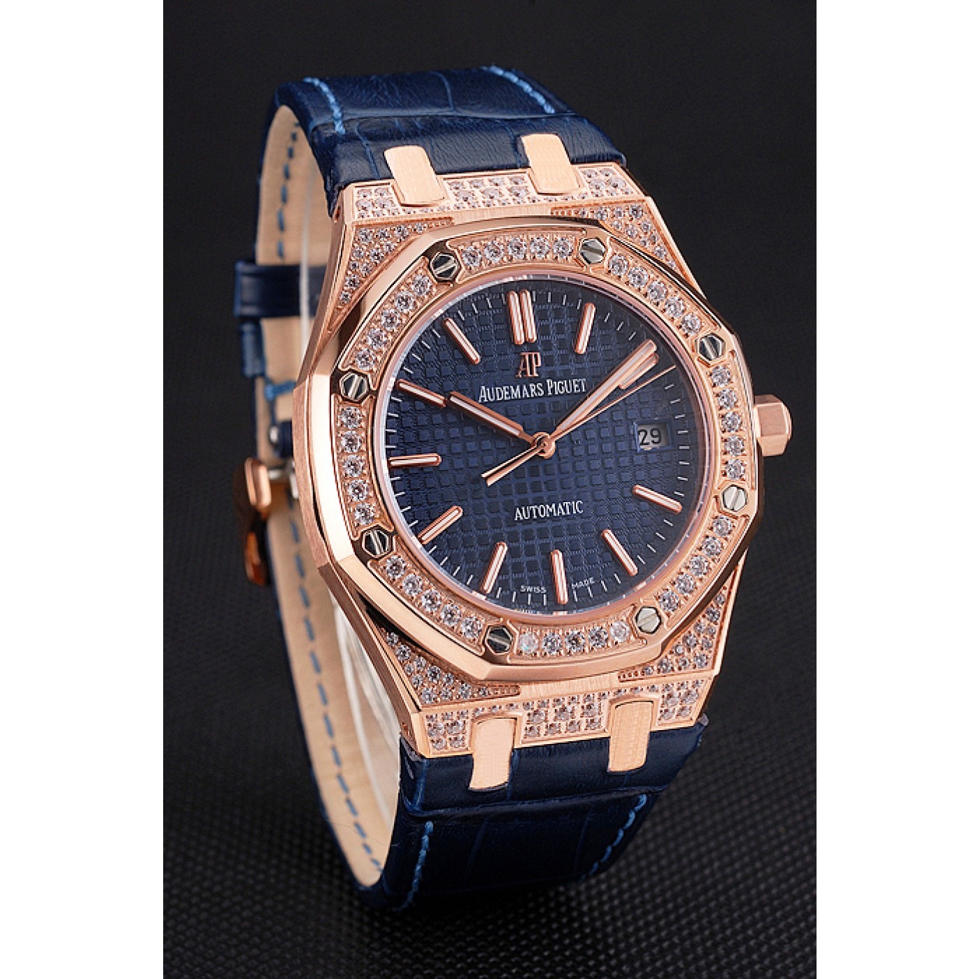 Swiss Audemars Piguet Royal Oak Blue Dial Gold Case With Diamonds Blue Leather Strap