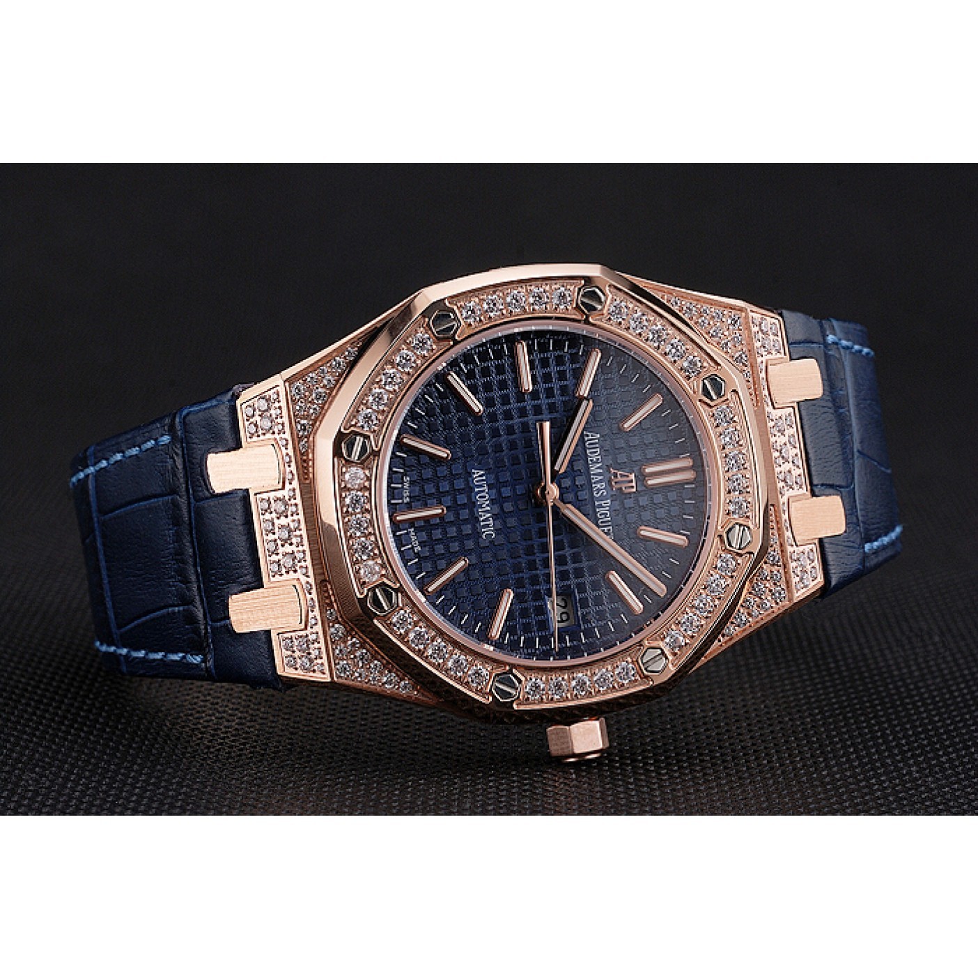 Swiss Audemars Piguet Royal Oak Blue Dial Gold Case With Diamonds Blue Leather Strap