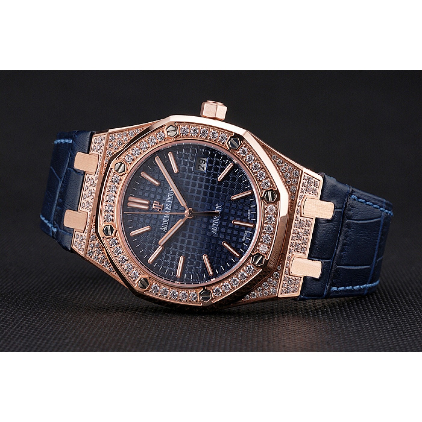 Swiss Audemars Piguet Royal Oak Blue Dial Gold Case With Diamonds Blue Leather Strap