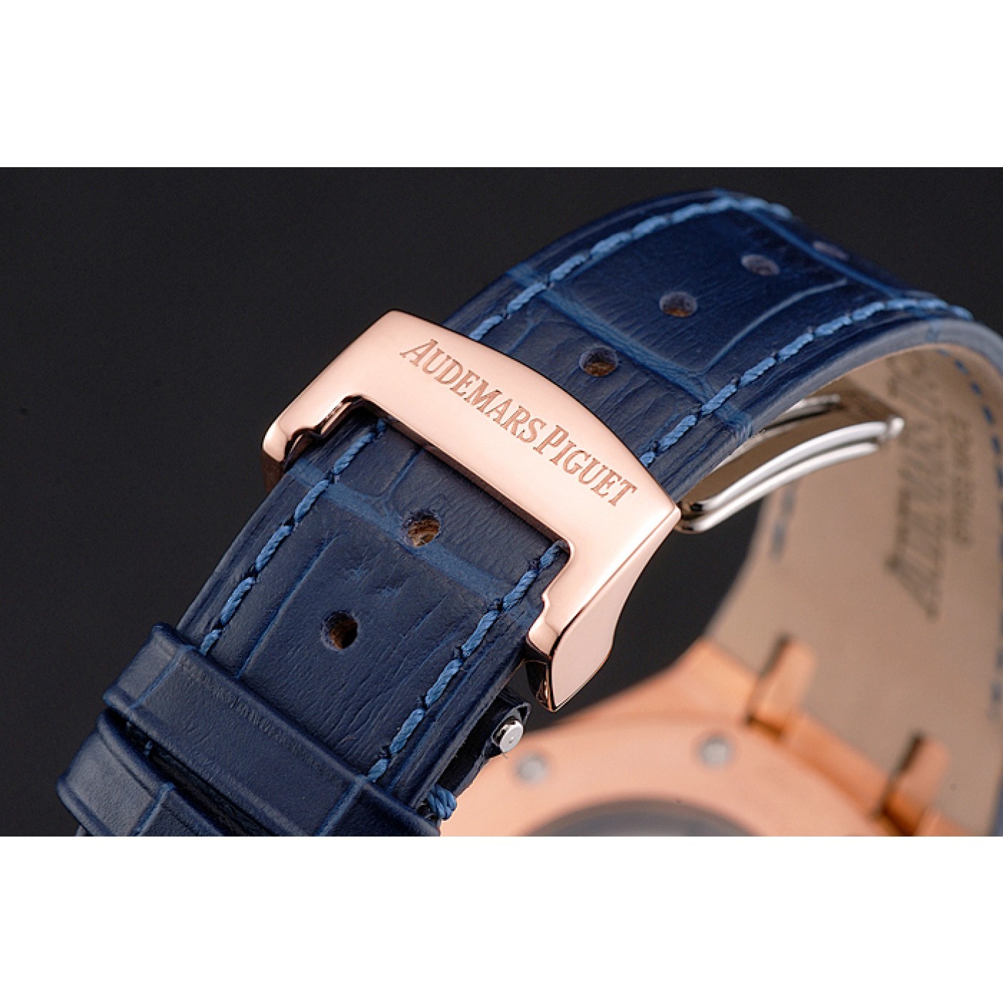 Swiss Audemars Piguet Royal Oak Blue Dial Gold Case With Diamonds Blue Leather Strap