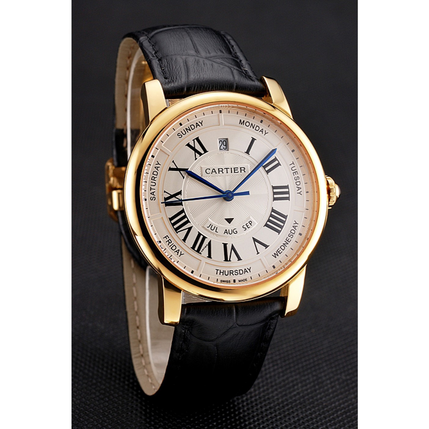 Swiss Cartier Rotonde Annual Calendar White Dial Gold Case Black Leather Strap