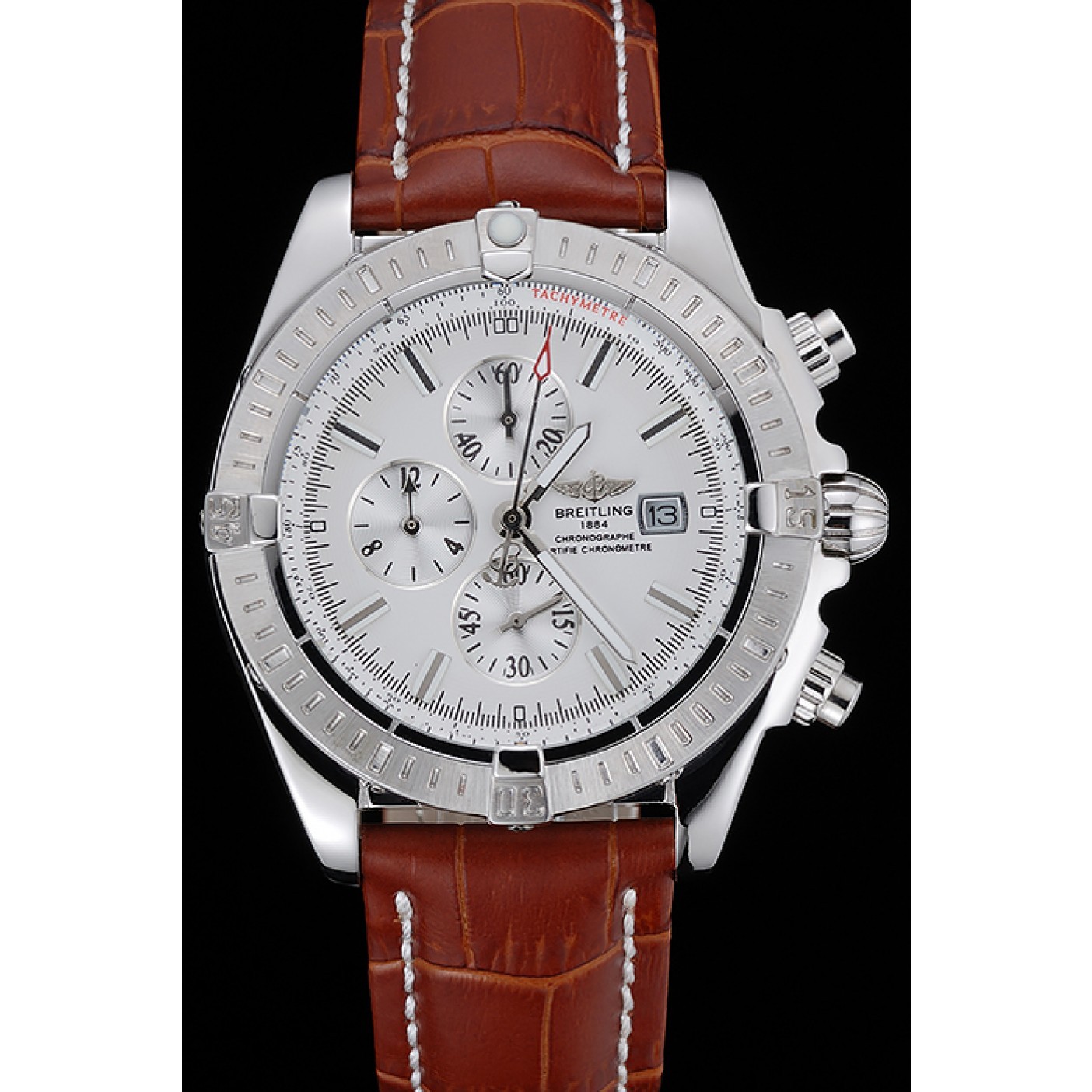 Breitling Chronomat 13 Stainless Steel Case White Dial Brown Leather Bracelet 622239