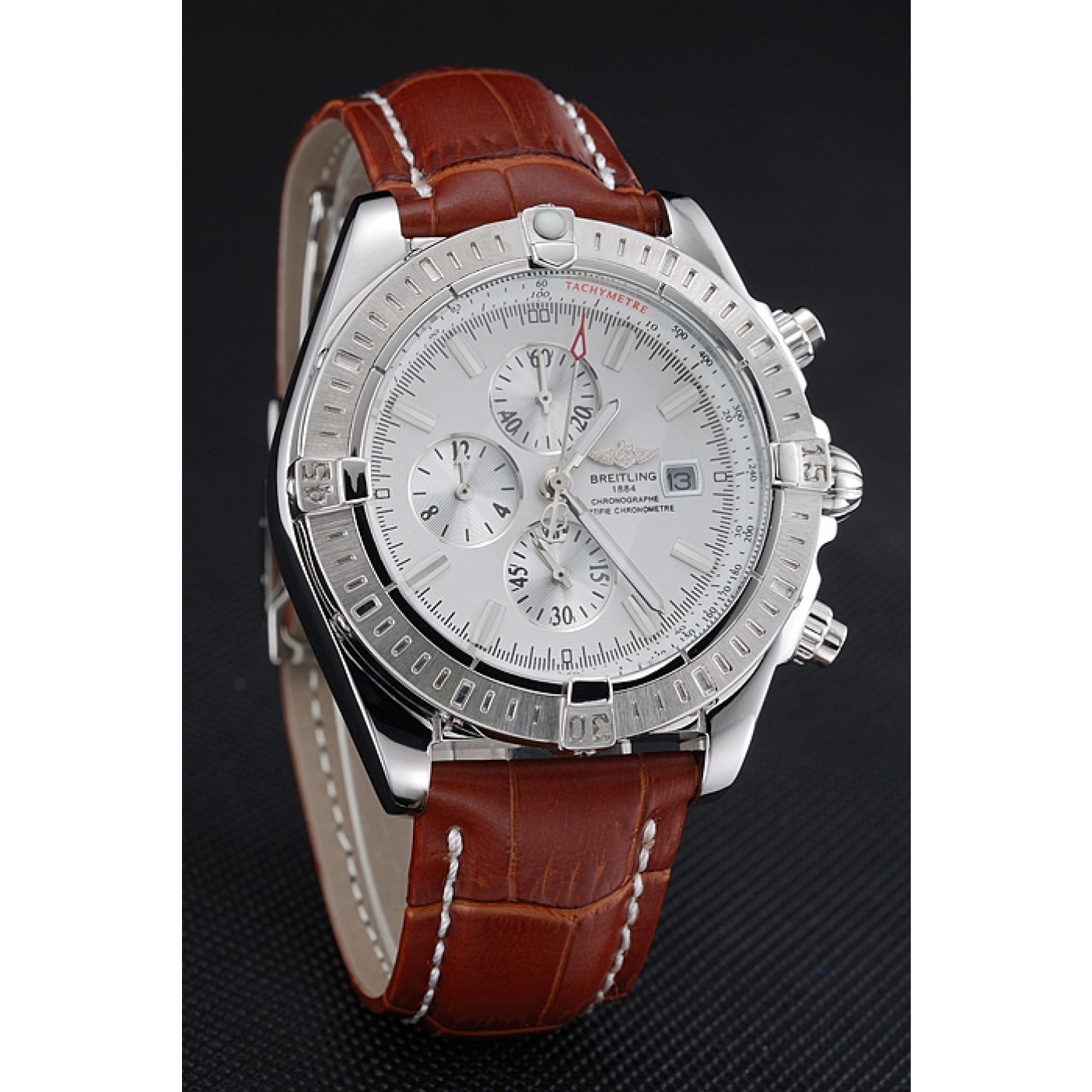 Breitling Chronomat 13 Stainless Steel Case White Dial Brown Leather Bracelet 622239