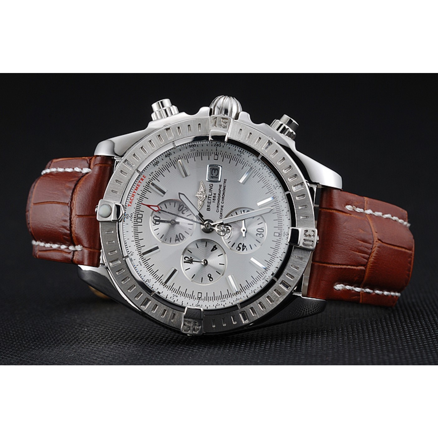 Breitling Chronomat 13 Stainless Steel Case White Dial Brown Leather Bracelet 622239