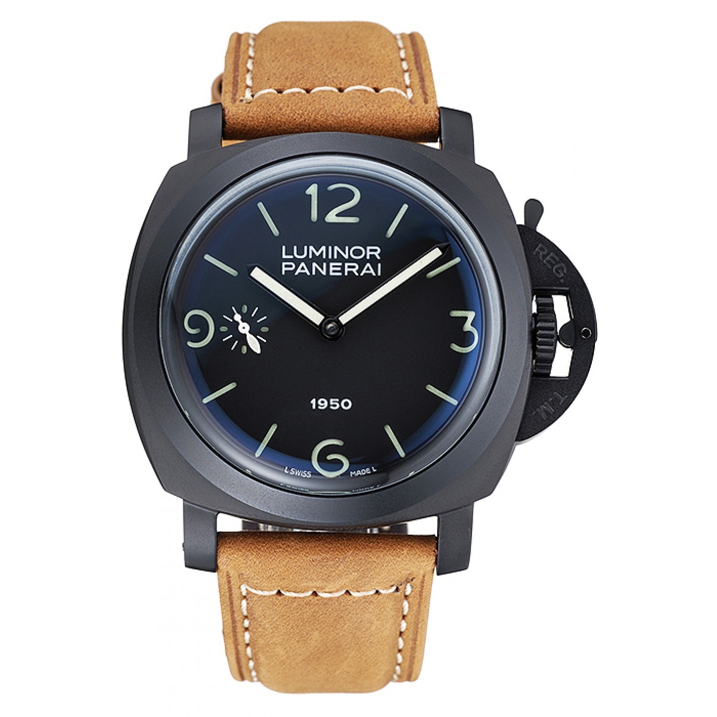 Panerai Luminor Black Ionized Stainless Steel Case Black Dial Brown Suede Leather Strap