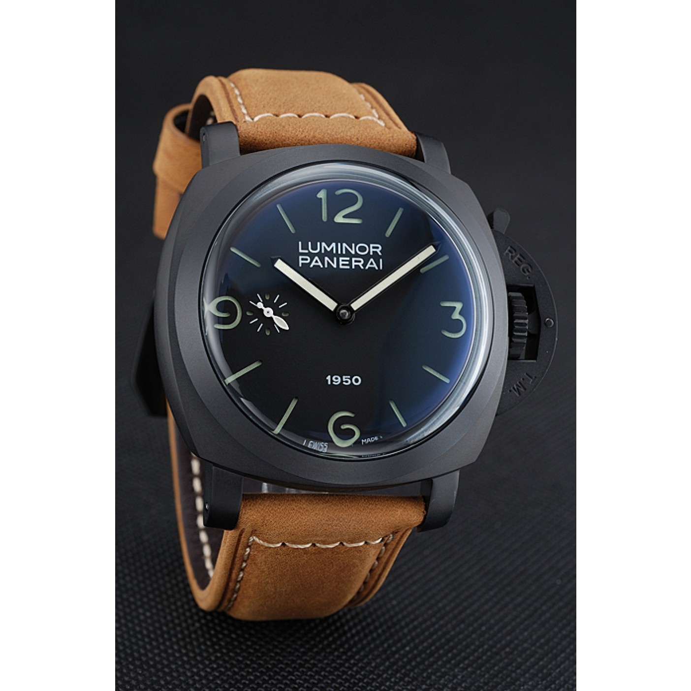 Panerai Luminor Black Ionized Stainless Steel Case Black Dial Brown Suede Leather Strap