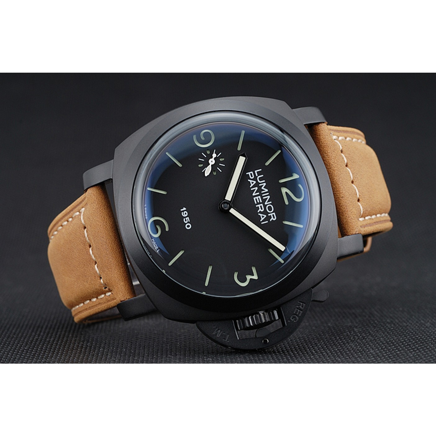 Panerai Luminor Black Ionized Stainless Steel Case Black Dial Brown Suede Leather Strap