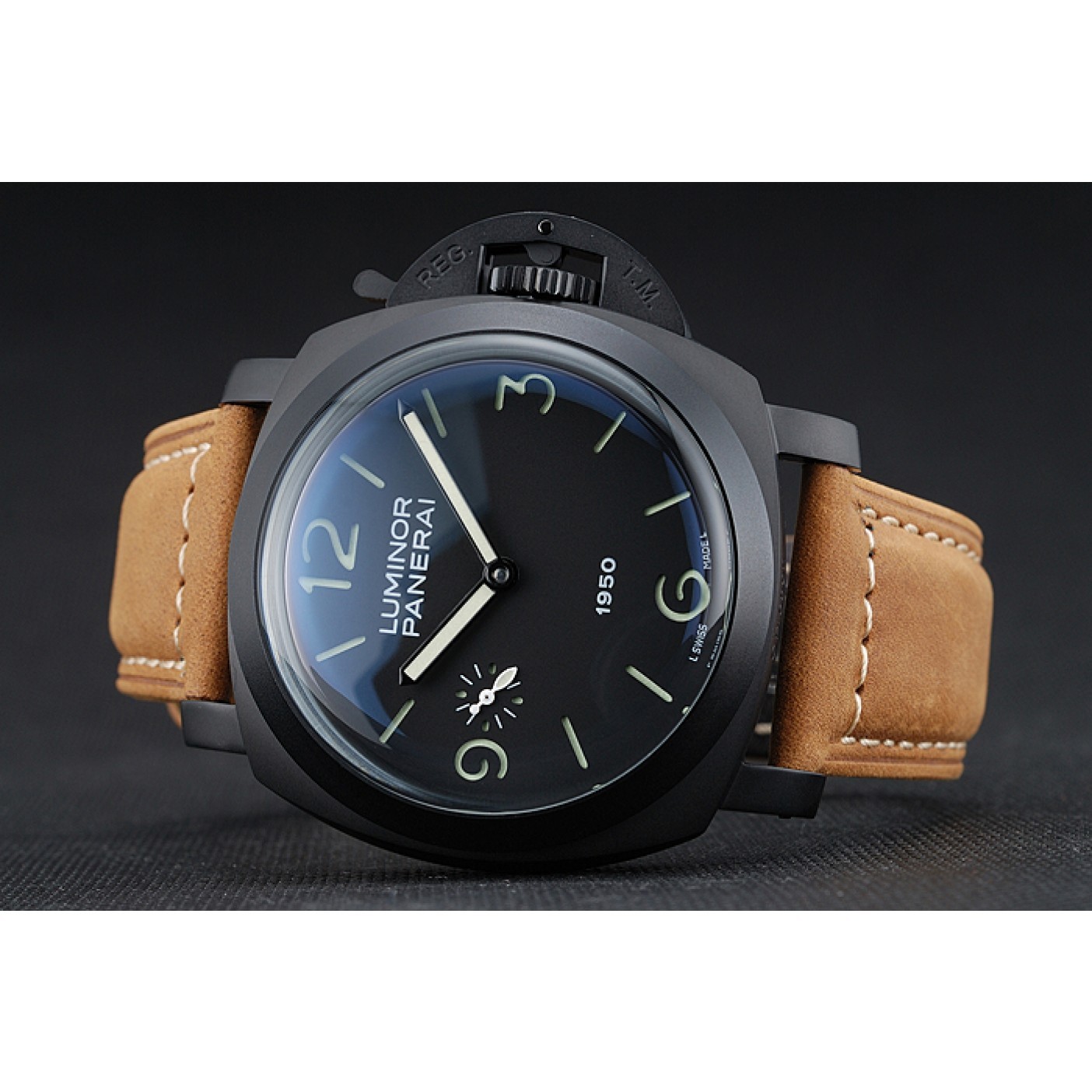 Panerai Luminor Black Ionized Stainless Steel Case Black Dial Brown Suede Leather Strap