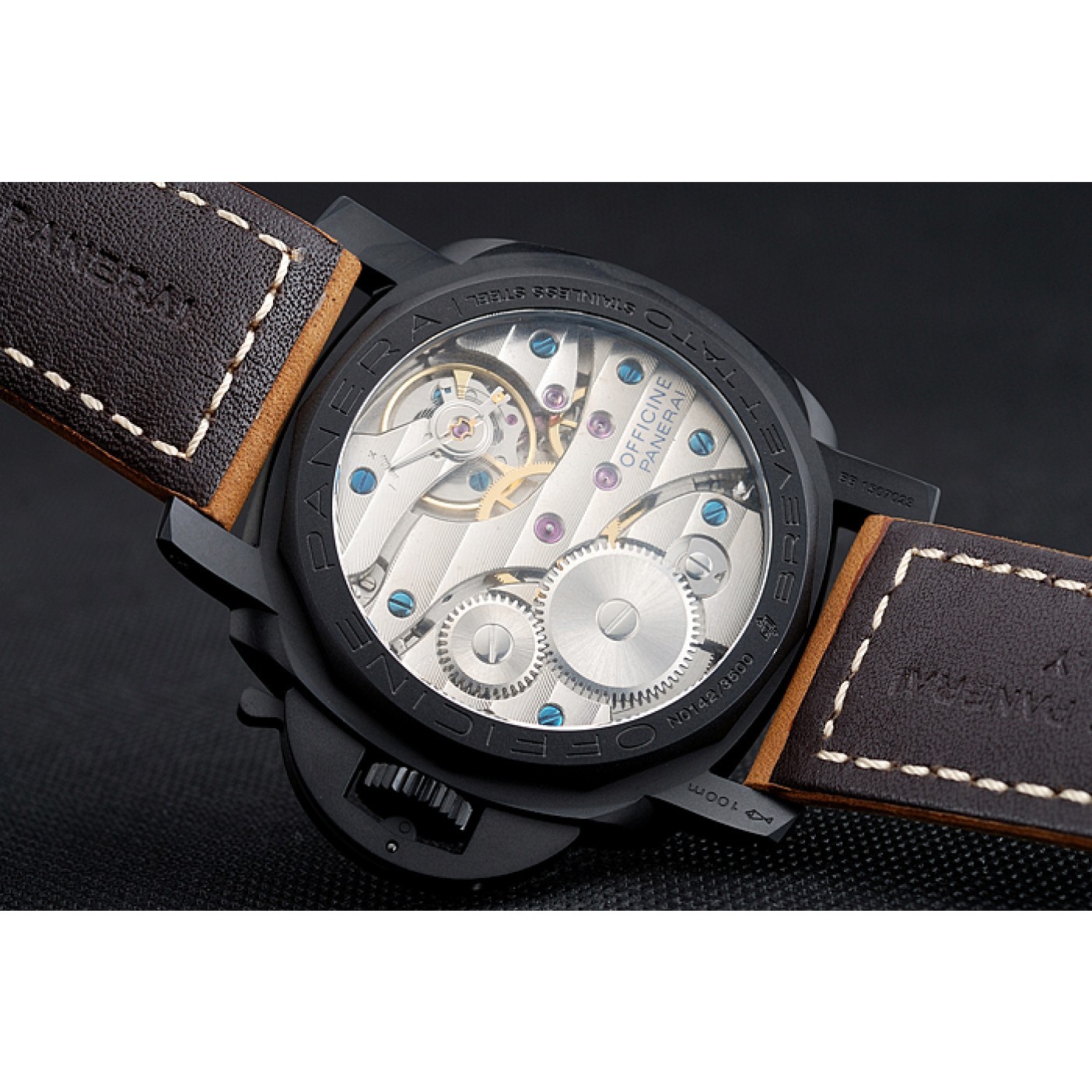 Panerai Luminor Black Ionized Stainless Steel Case Black Dial Brown Suede Leather Strap